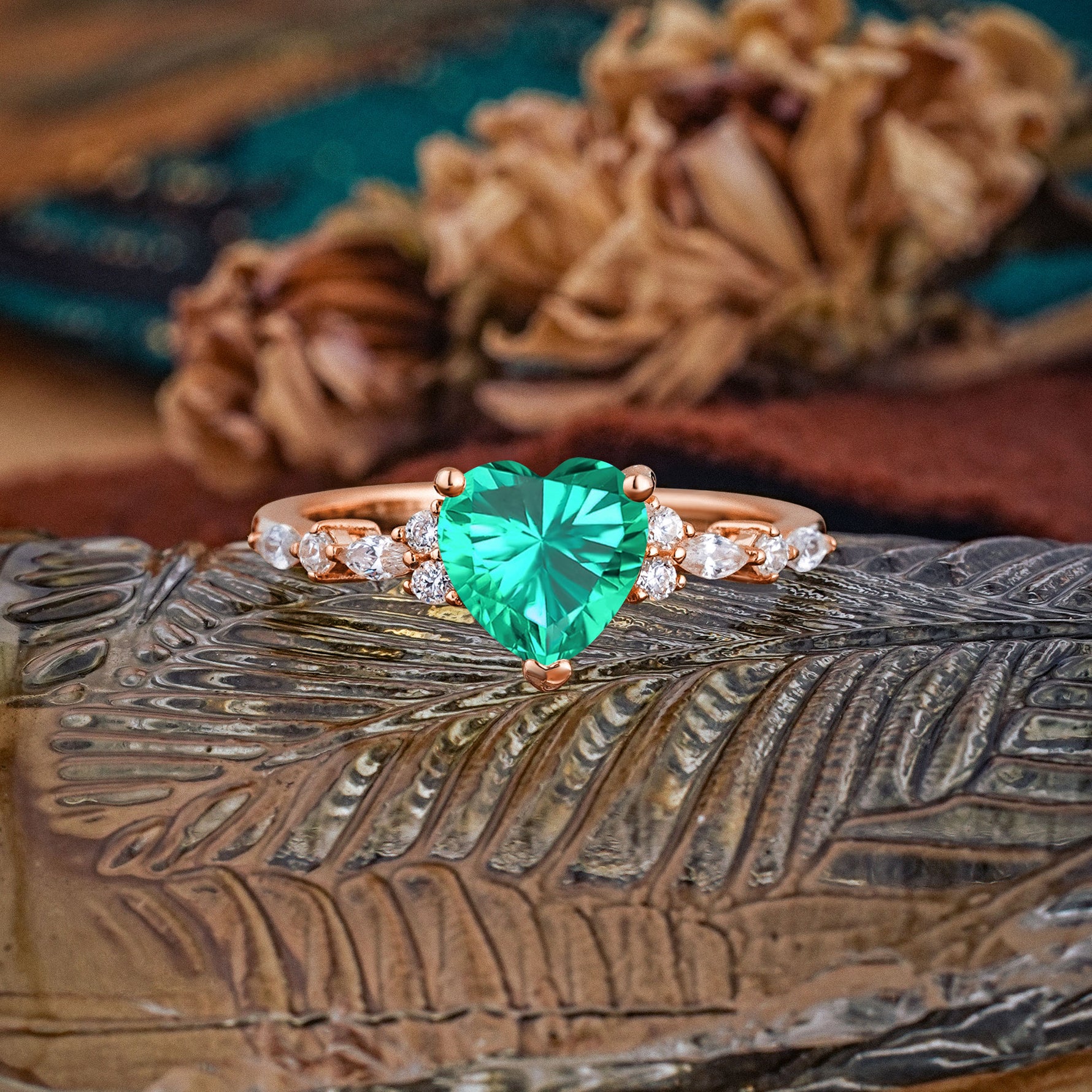 Heart Cut Emerald Vintage Pave Shank Engagement Ring - Additional view