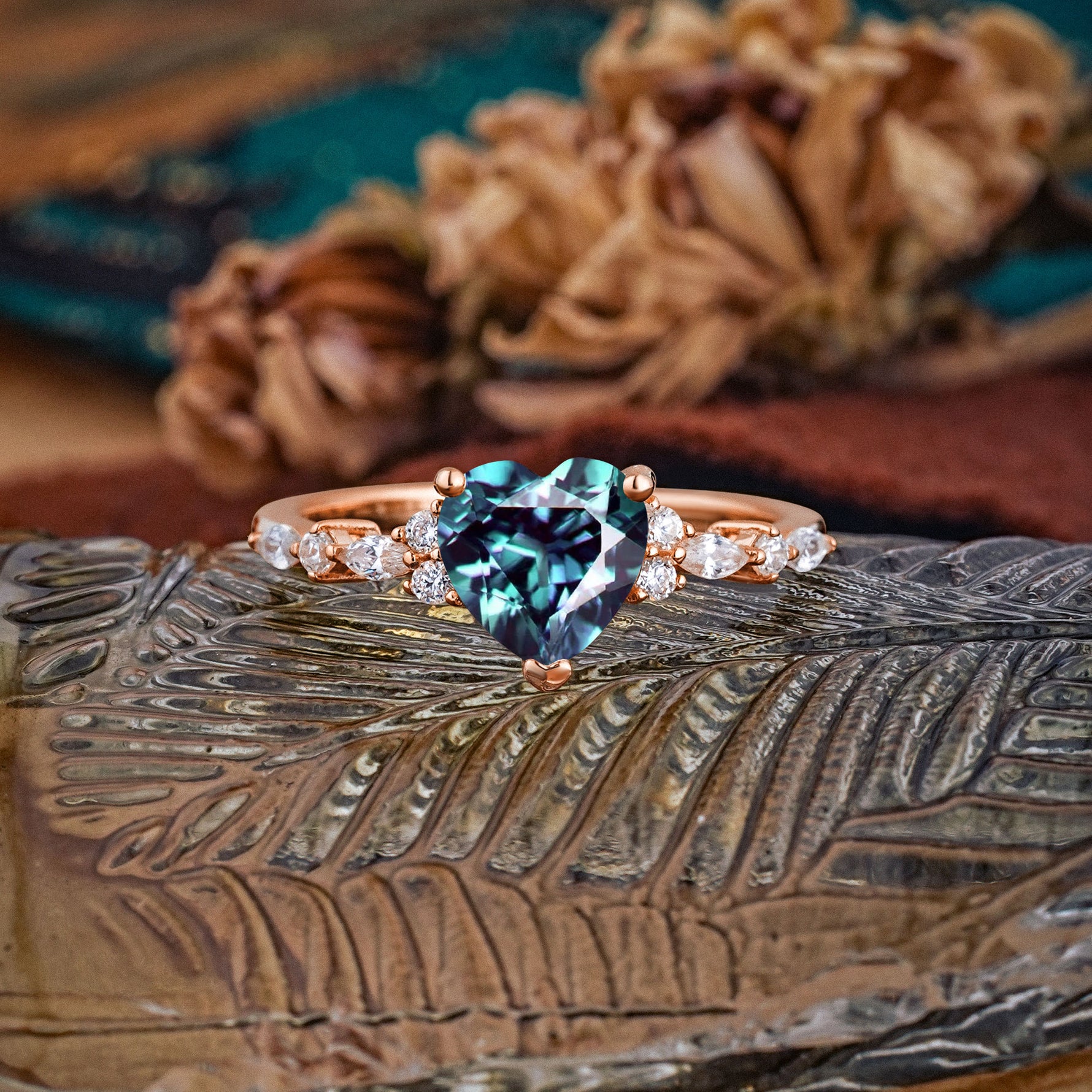 Heart Cut Alexandrite Vintage Pave Shank Engagement Ring - Additional view