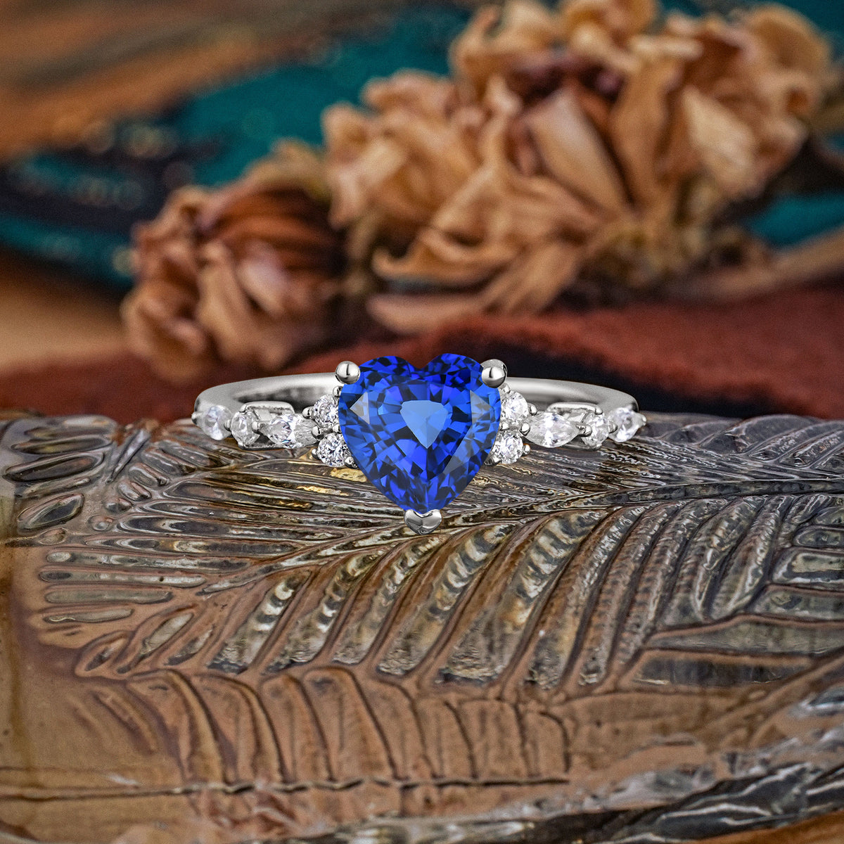 Heart Cut Sapphire Vintage Pave Shank Engagement Ring - Additional view