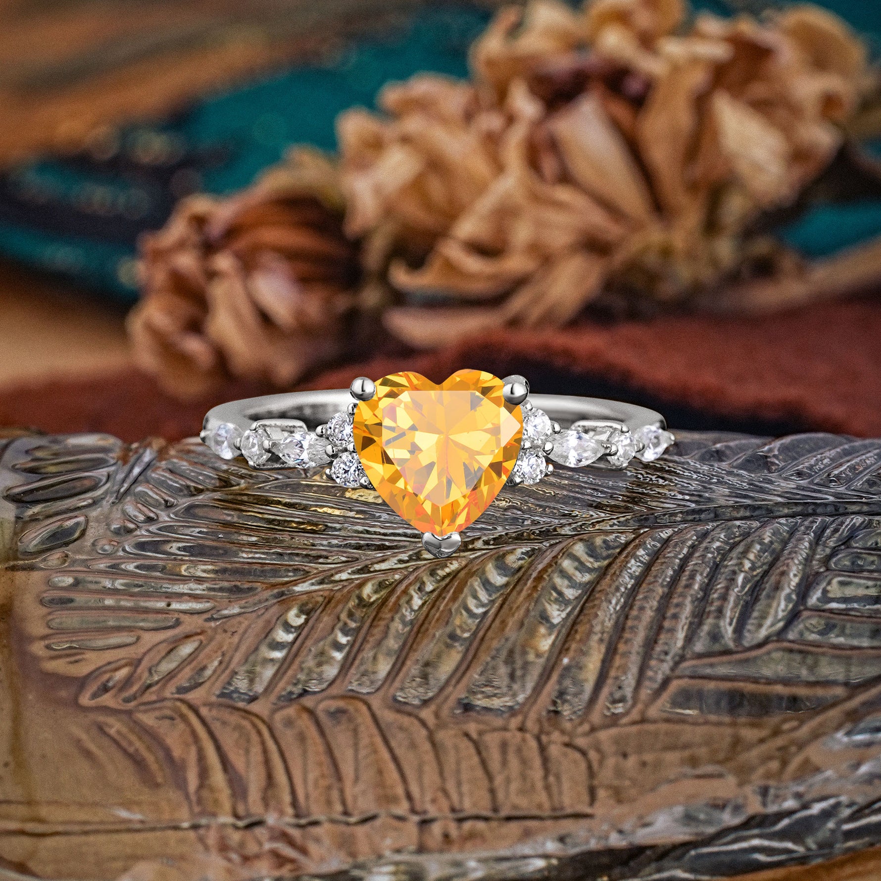 Heart Cut Citrine Vintage Pave Shank Engagement Ring - Additional view