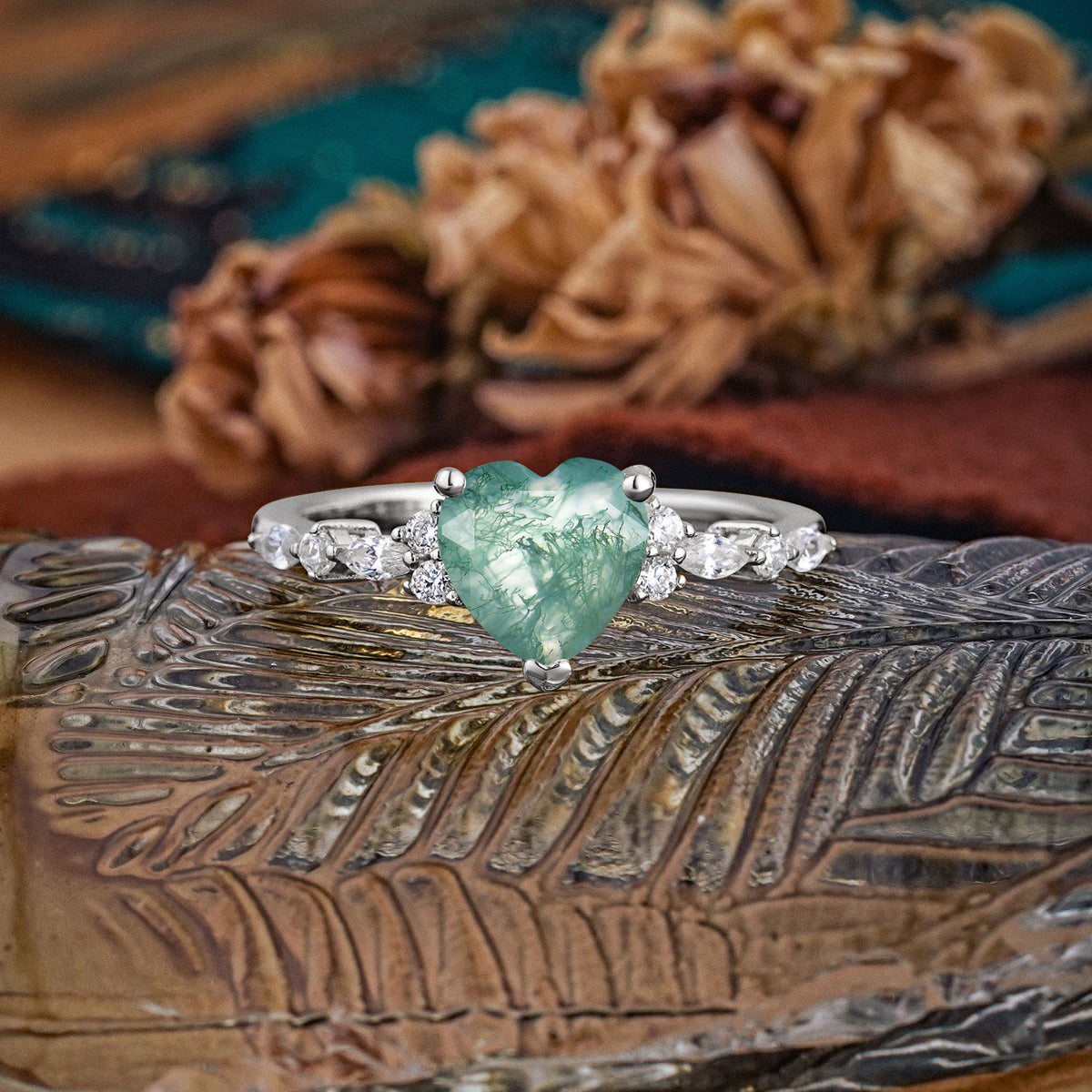 Heart Cut Moss Agate Vintage Pave Shank Engagement Ring - Additional view