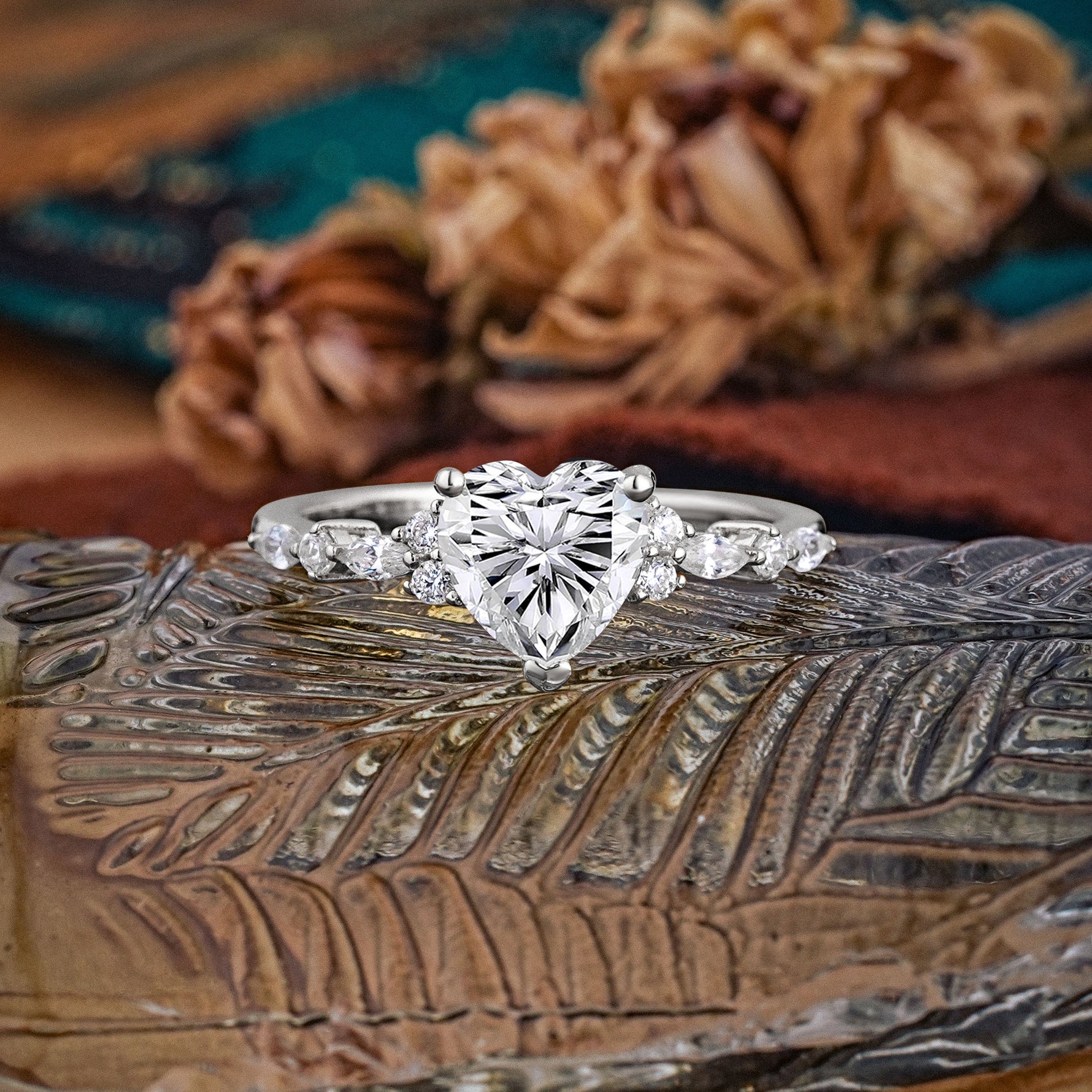 Heart Cut Lab Diamond Vintage Pave Shank Engagement Ring - Additional view