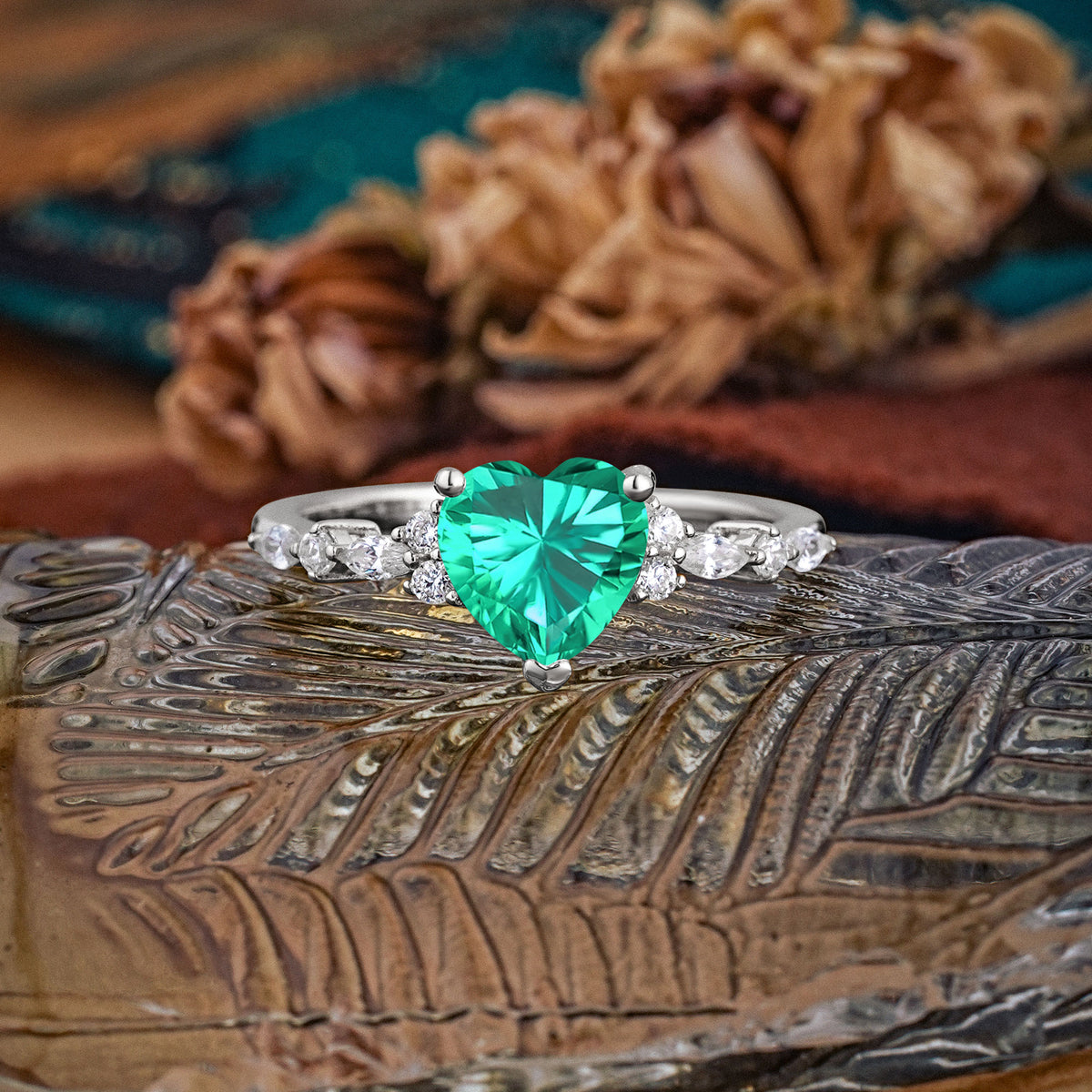 Heart Cut Emerald Vintage Pave Shank Engagement Ring - Additional view