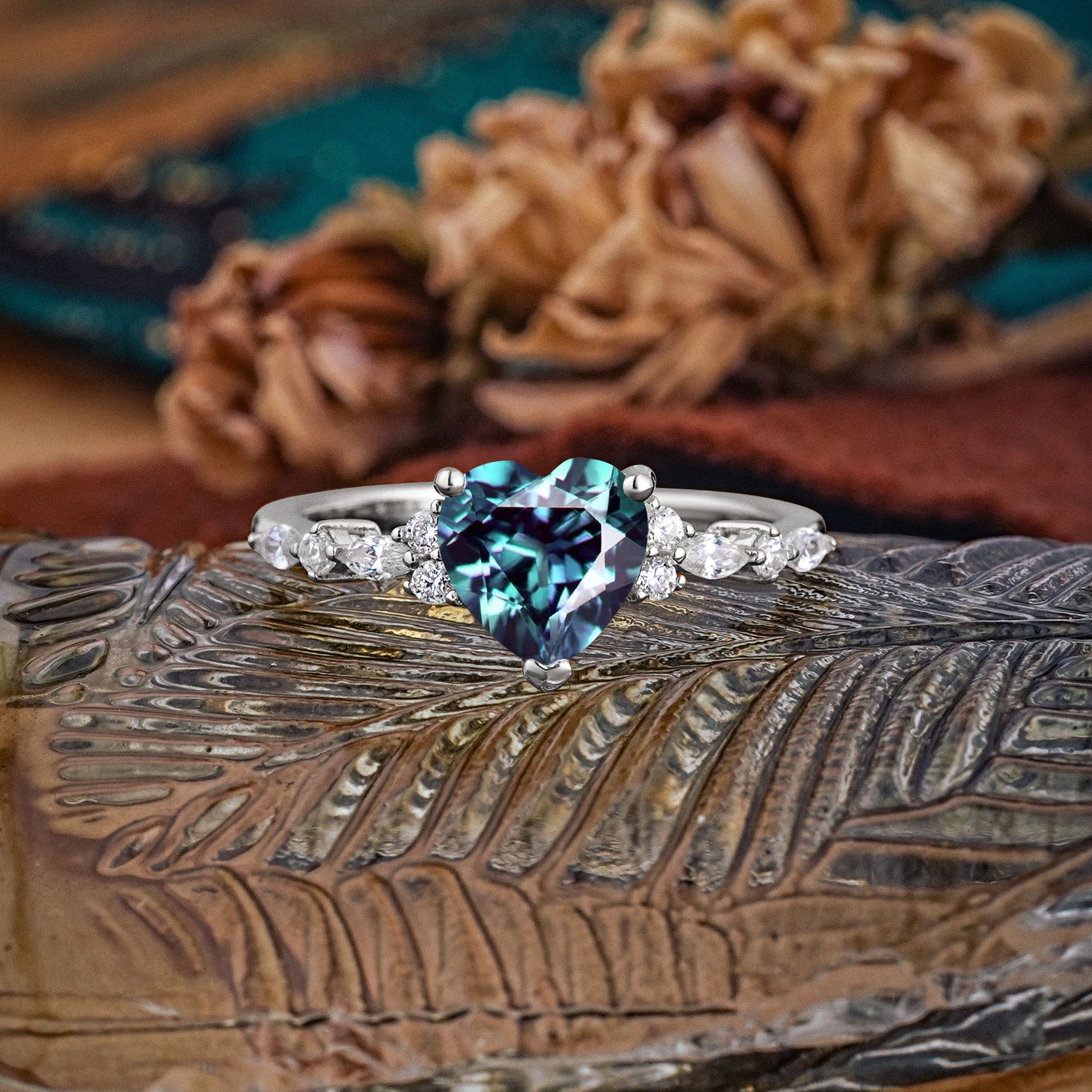 Heart Cut Alexandrite Vintage Pave Shank Engagement Ring - Additional view