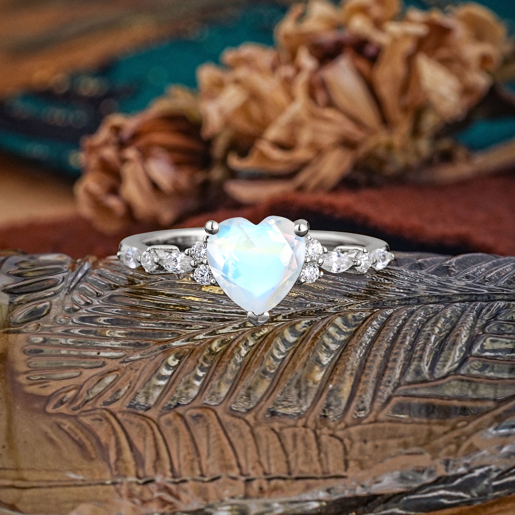 Heart Cut Moonstone Vintage Pave Shank Engagement Ring - Additional view