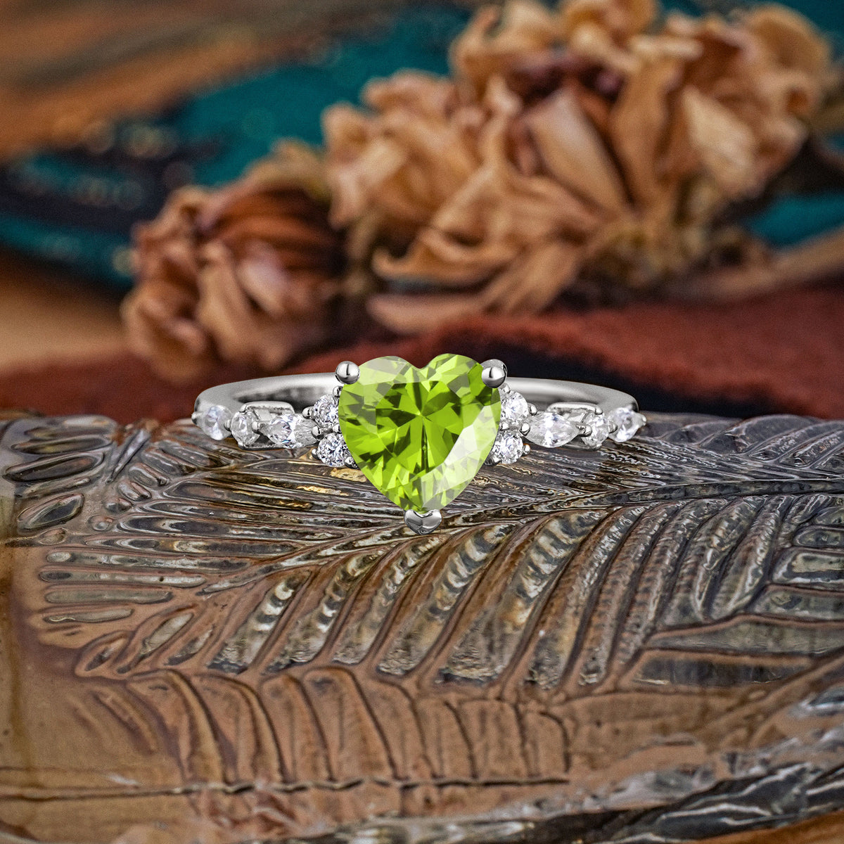 Heart Cut Peridot Vintage Pave Shank Engagement Ring - Additional view
