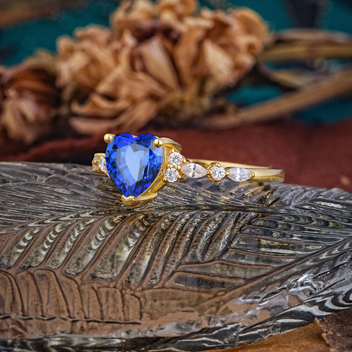 Heart Cut Sapphire Vintage Pave Shank Engagement Ring - Additional view