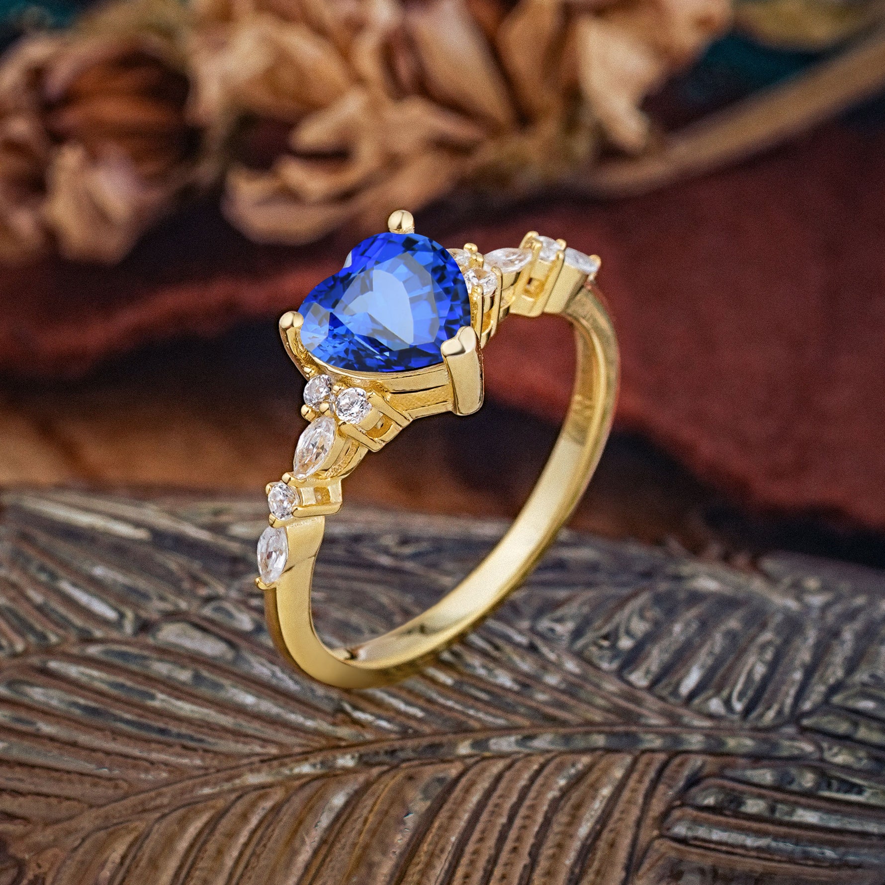 Heart Cut Sapphire Vintage Pave Shank Engagement Ring - Additional view