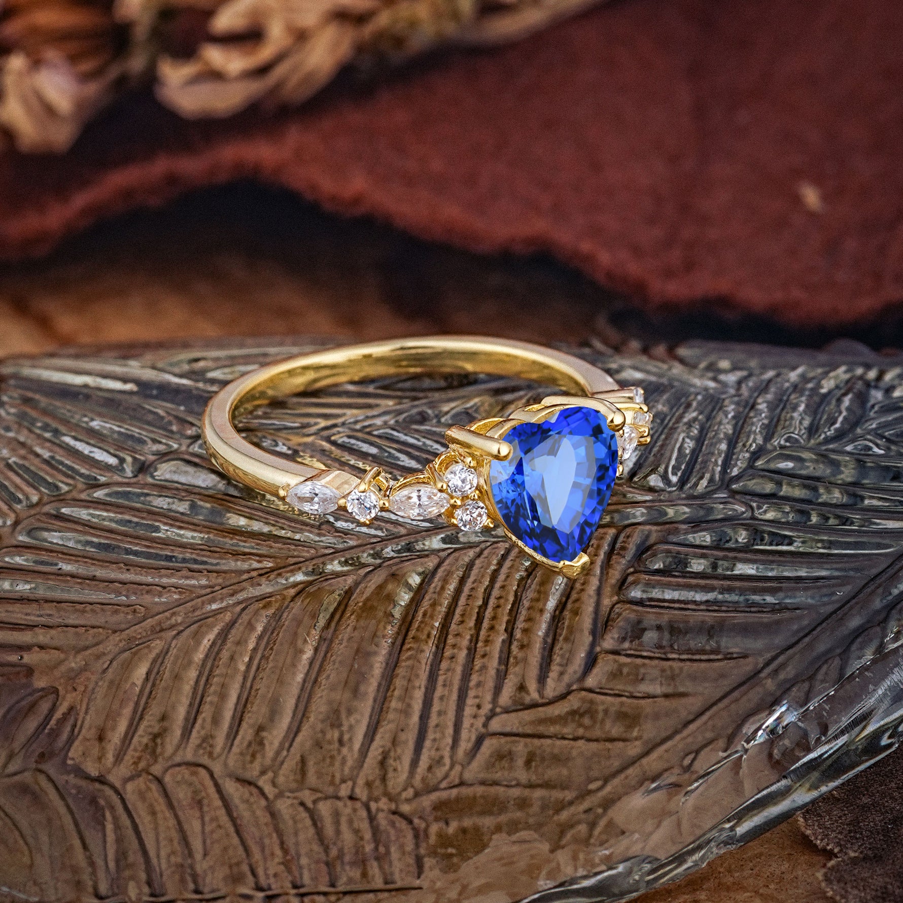 Heart Cut Sapphire Vintage Pave Shank Engagement Ring - Additional view