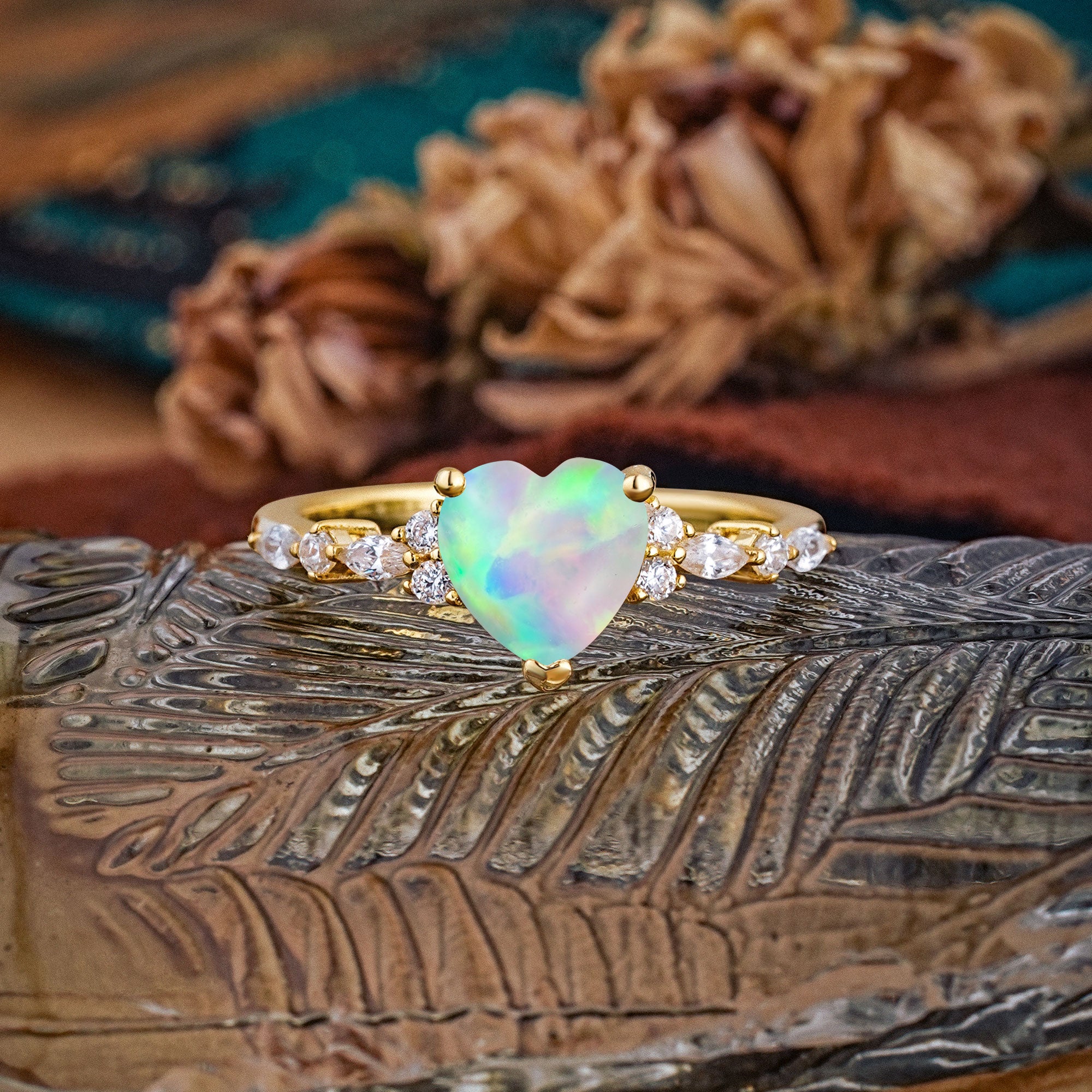 Heart Cut Fire Opal Vintage Pave Shank Engagement Ring