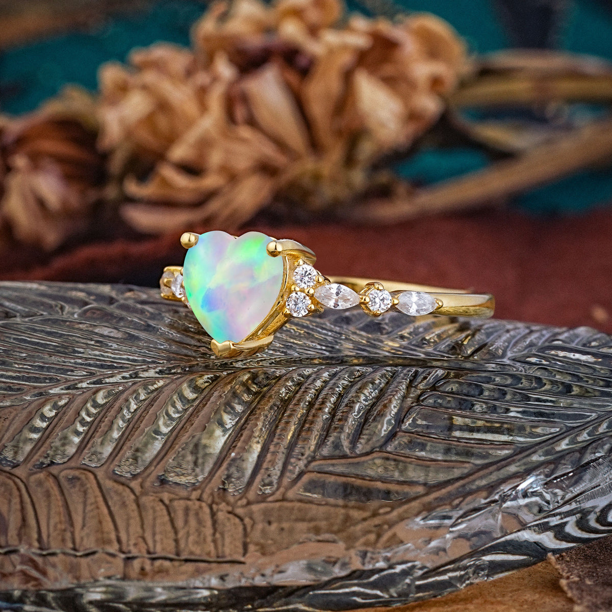 Heart Cut Fire Opal Vintage Pave Shank Engagement Ring - Additional view