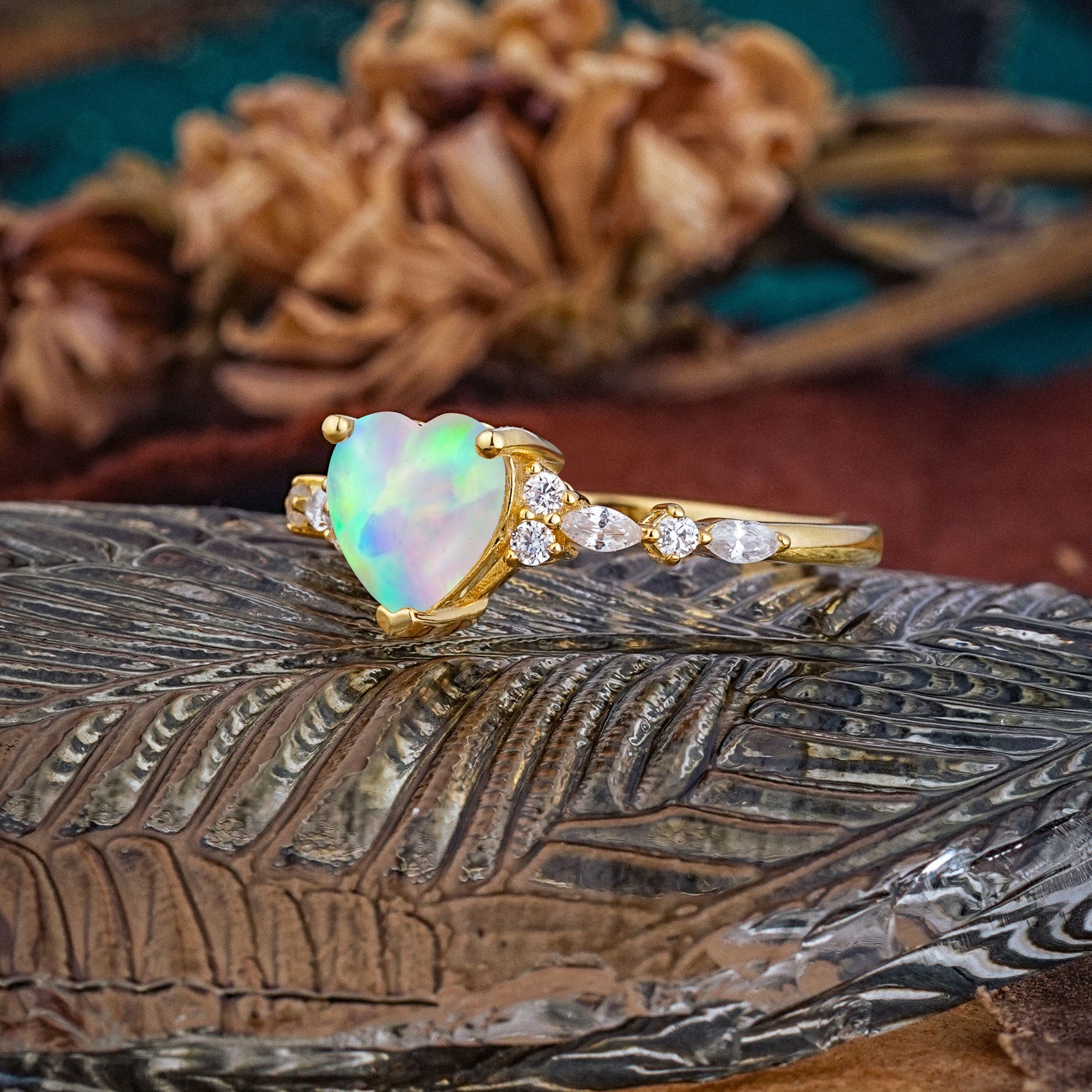 Heart Cut Fire Opal Vintage Pave Shank Engagement Ring - Additional view