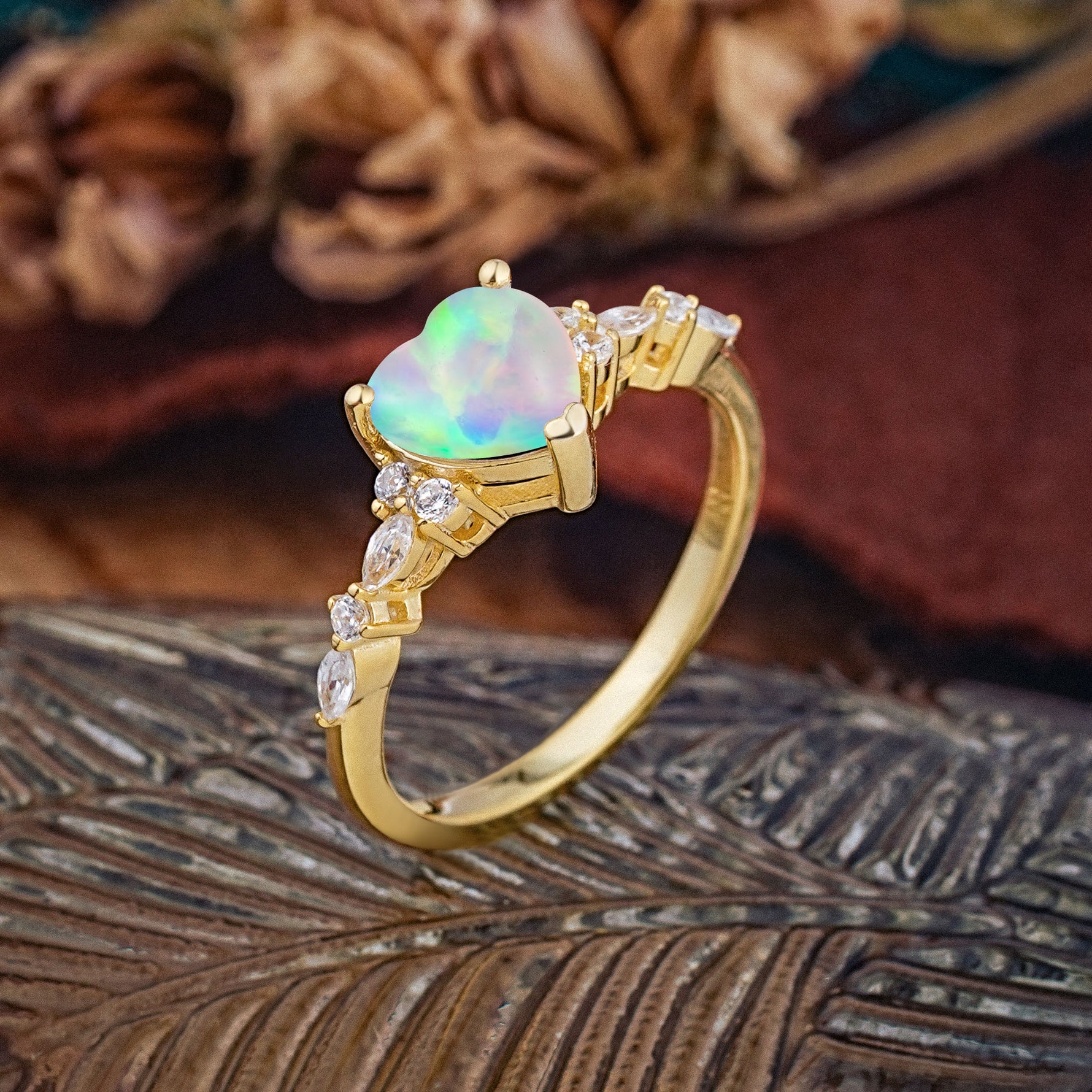 Heart Cut Fire Opal Vintage Pave Shank Engagement Ring - Additional view