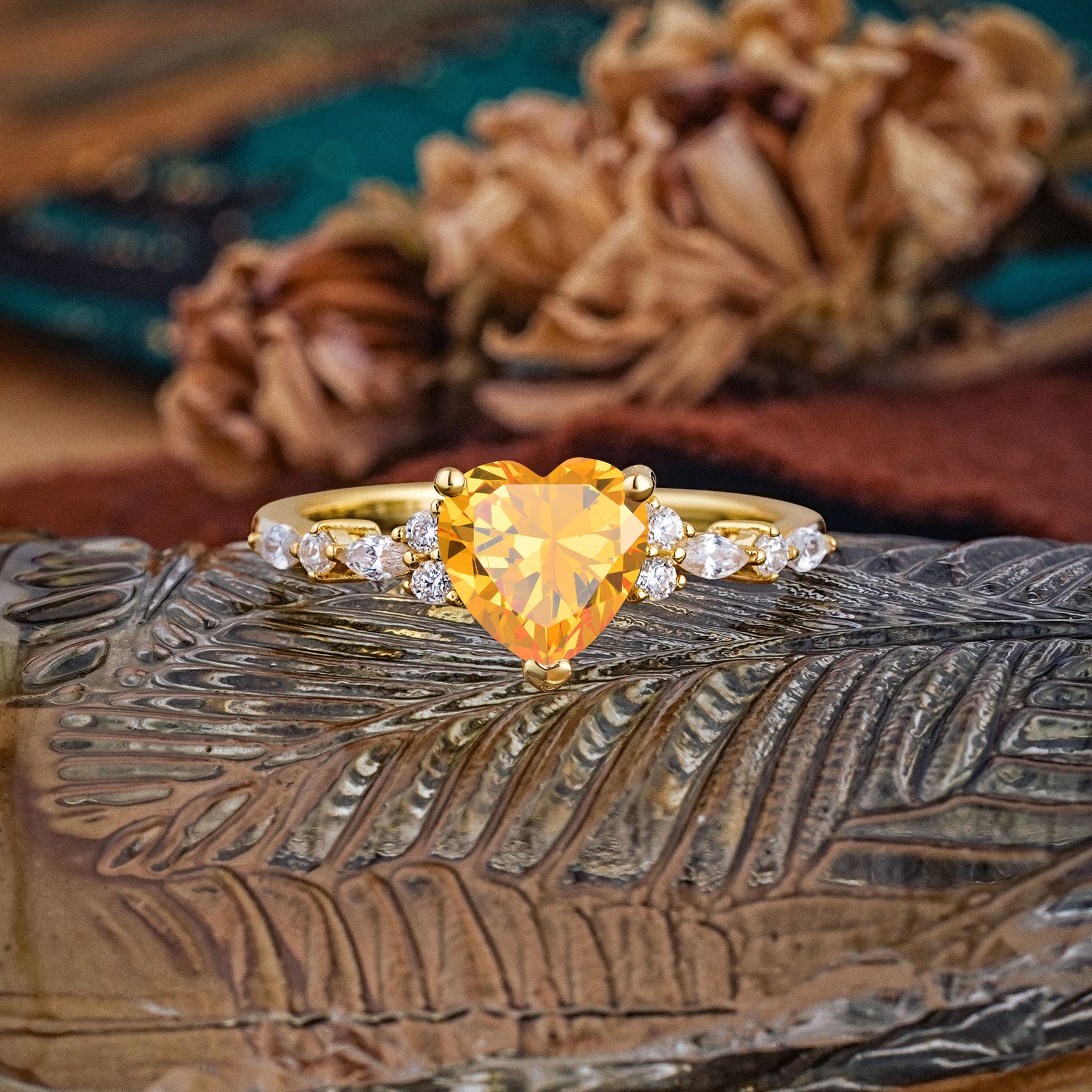 Heart Cut Citrine Vintage Pave Shank Engagement Ring - Additional view