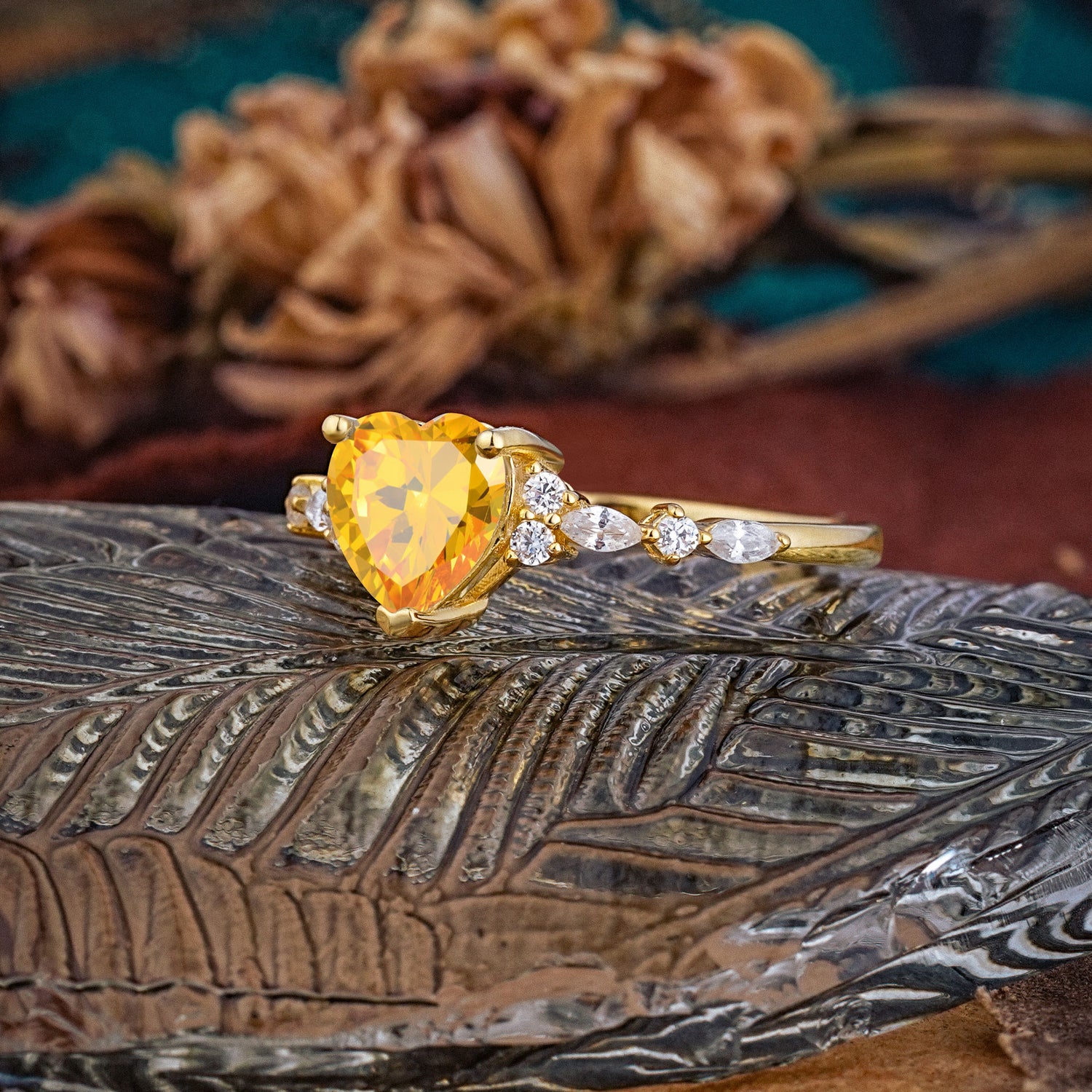 Heart Cut Citrine Vintage Pave Shank Engagement Ring - Additional view