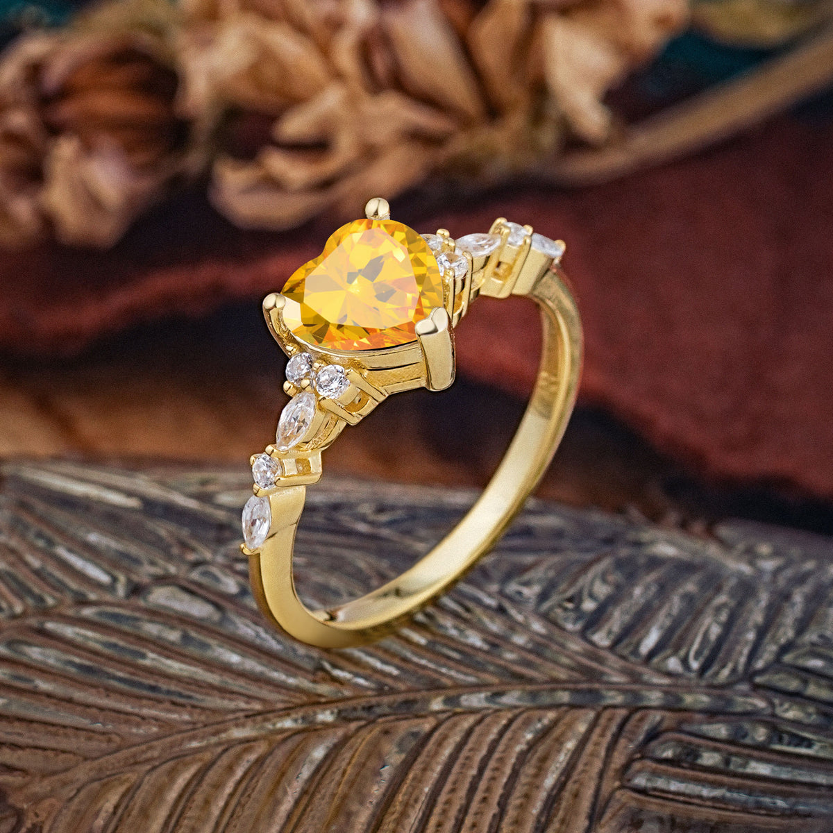 Heart Cut Citrine Vintage Pave Shank Engagement Ring - Additional view
