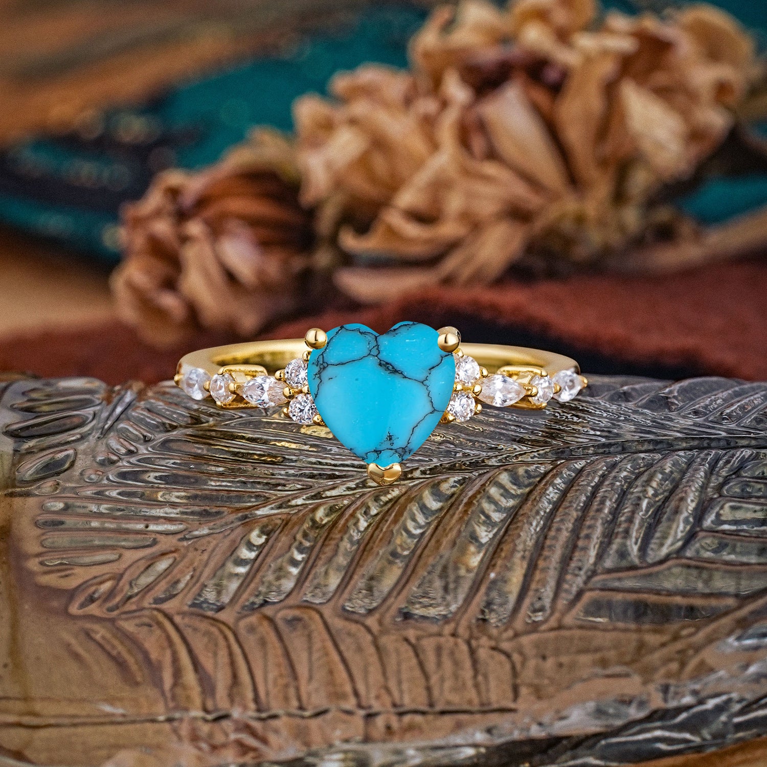 Heart Cut Turquoise Vintage Pave Shank Engagement Ring - Additional view