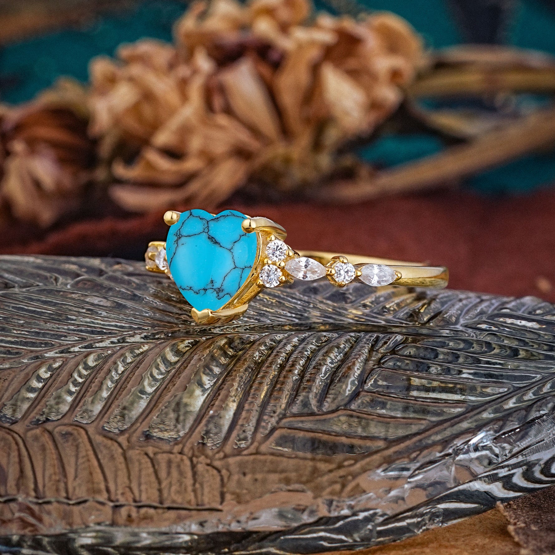 Heart Cut Turquoise Vintage Pave Shank Engagement Ring - Additional view