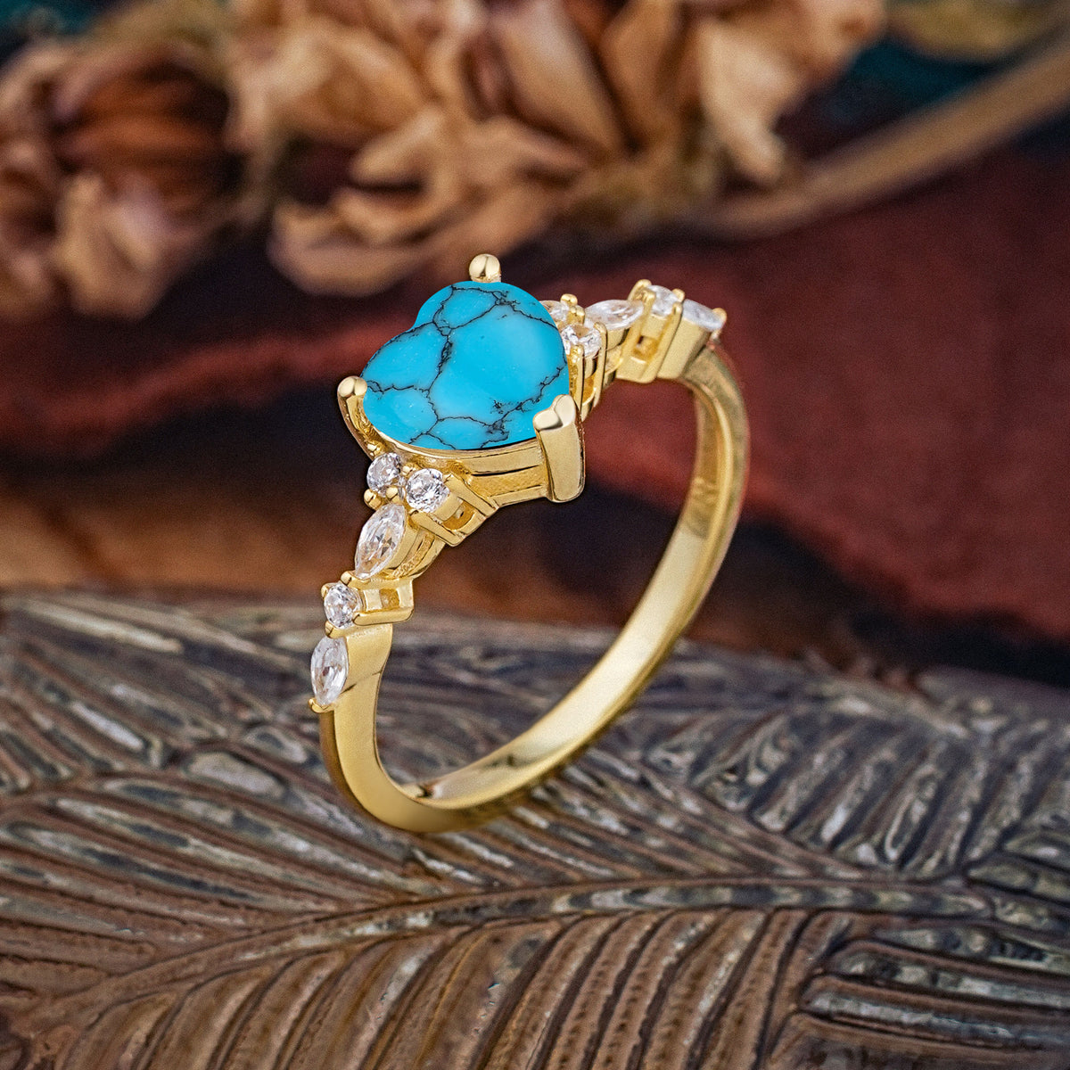 Heart Cut Turquoise Vintage Pave Shank Engagement Ring - Additional view