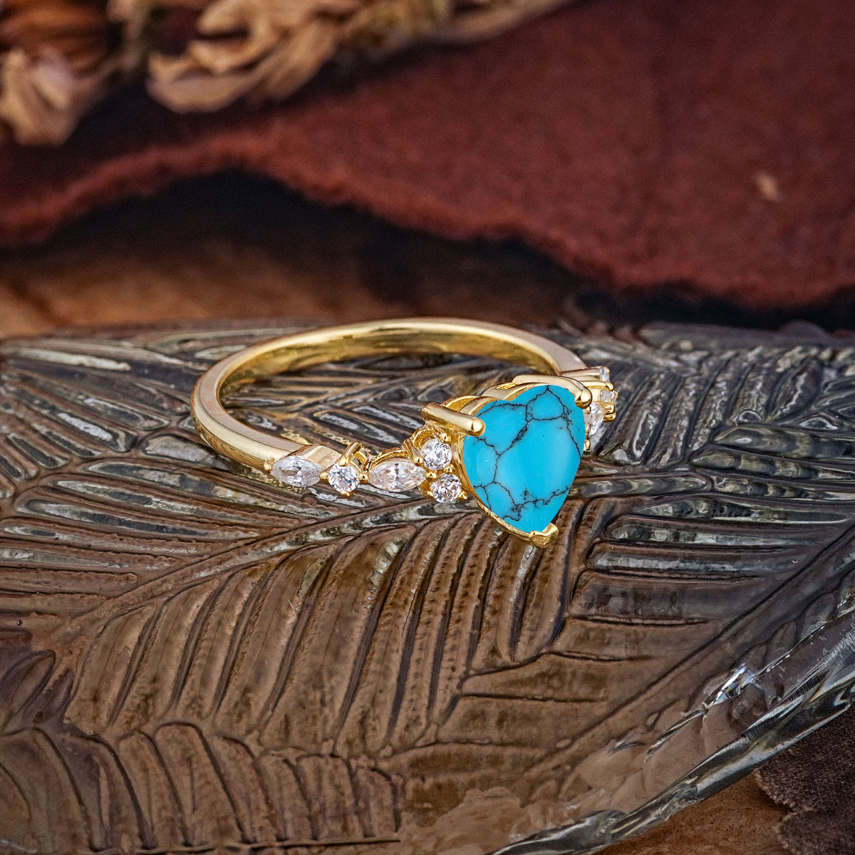 Heart Cut Turquoise Vintage Pave Shank Engagement Ring - Additional view