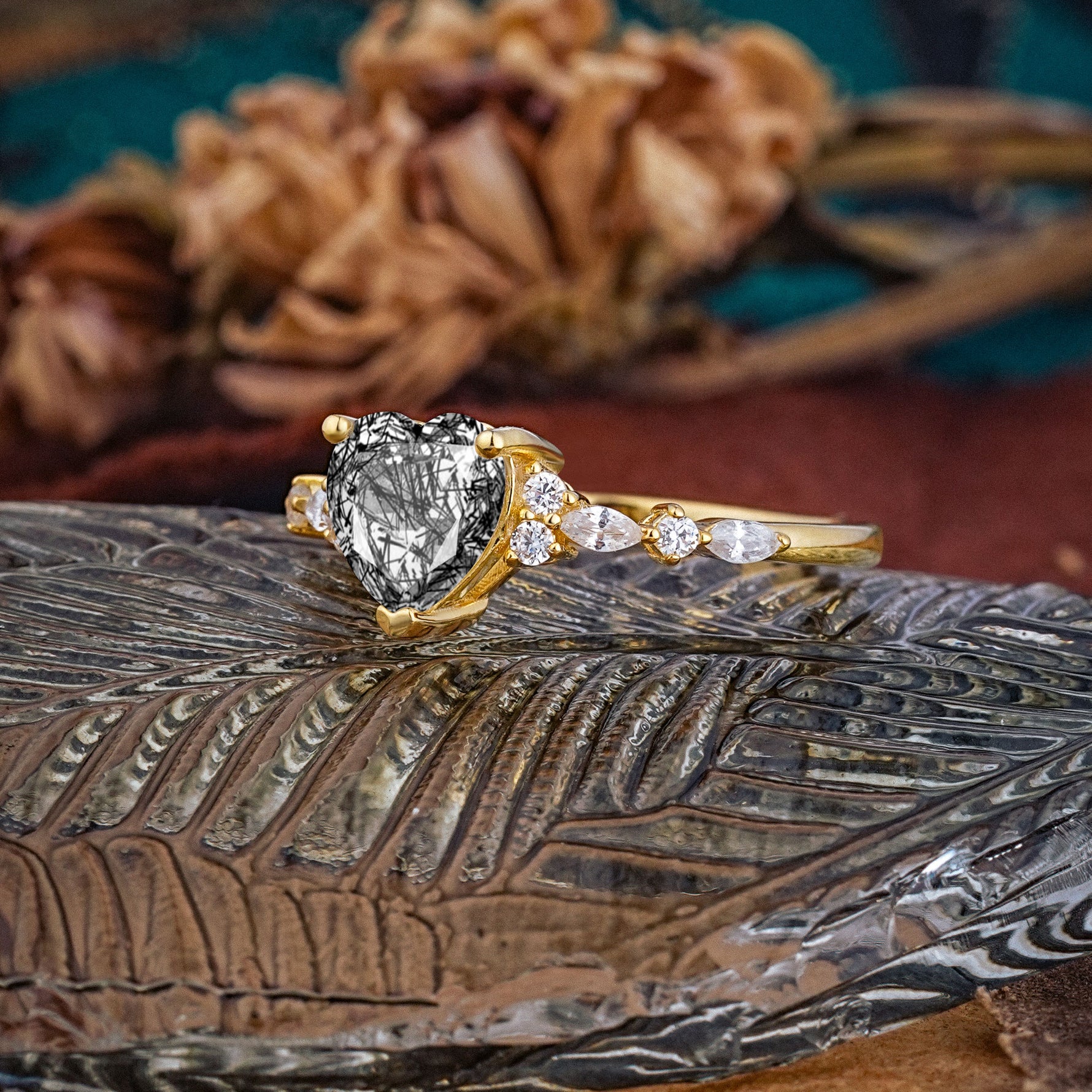 Heart Cut Black Rutilated Quartz Vintage Pave Shank Engagement Ring - Additional view