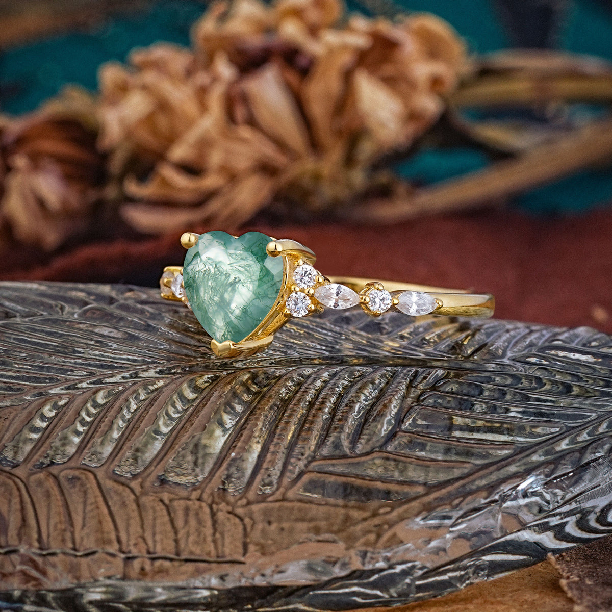 Heart Cut Moss Agate Vintage Pave Shank Engagement Ring - Additional view