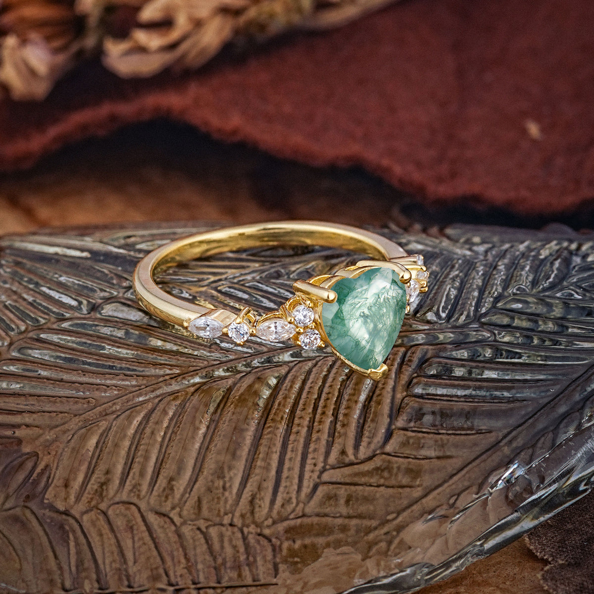Heart Cut Moss Agate Vintage Pave Shank Engagement Ring - Additional view