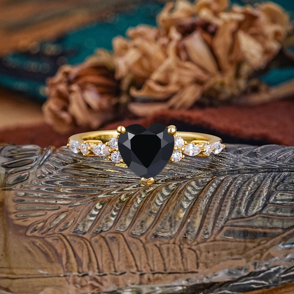 Heart Cut Black Onyx Vintage Pave Shank Engagement Ring - Additional view