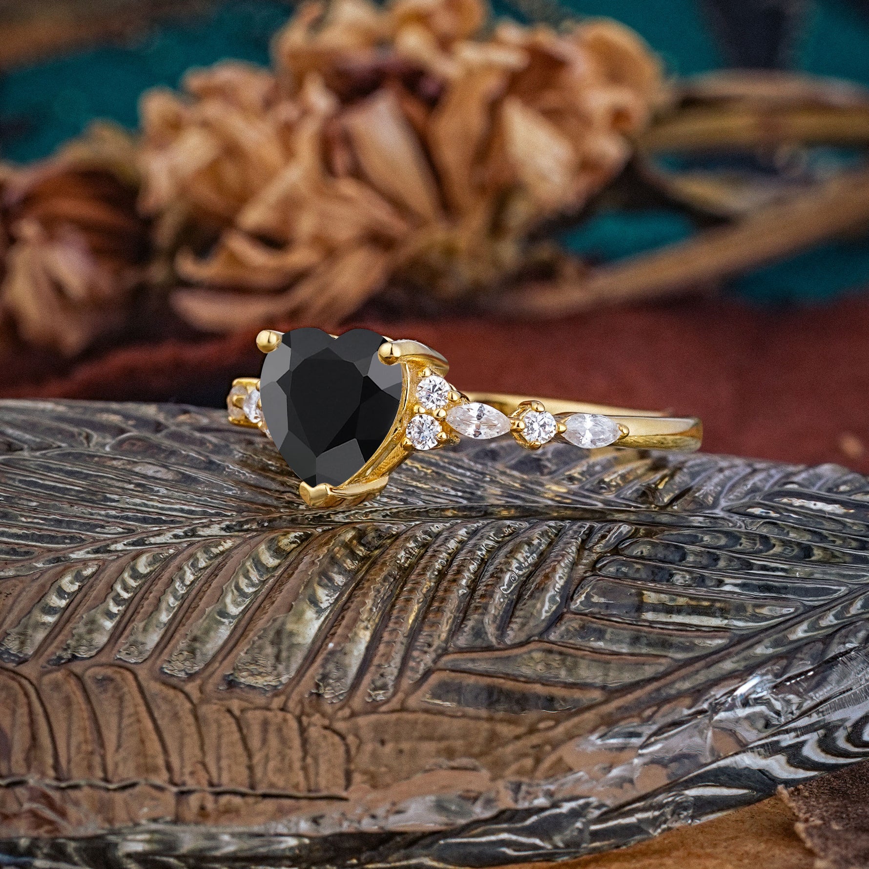 Heart Cut Black Onyx Vintage Pave Shank Engagement Ring - Additional view