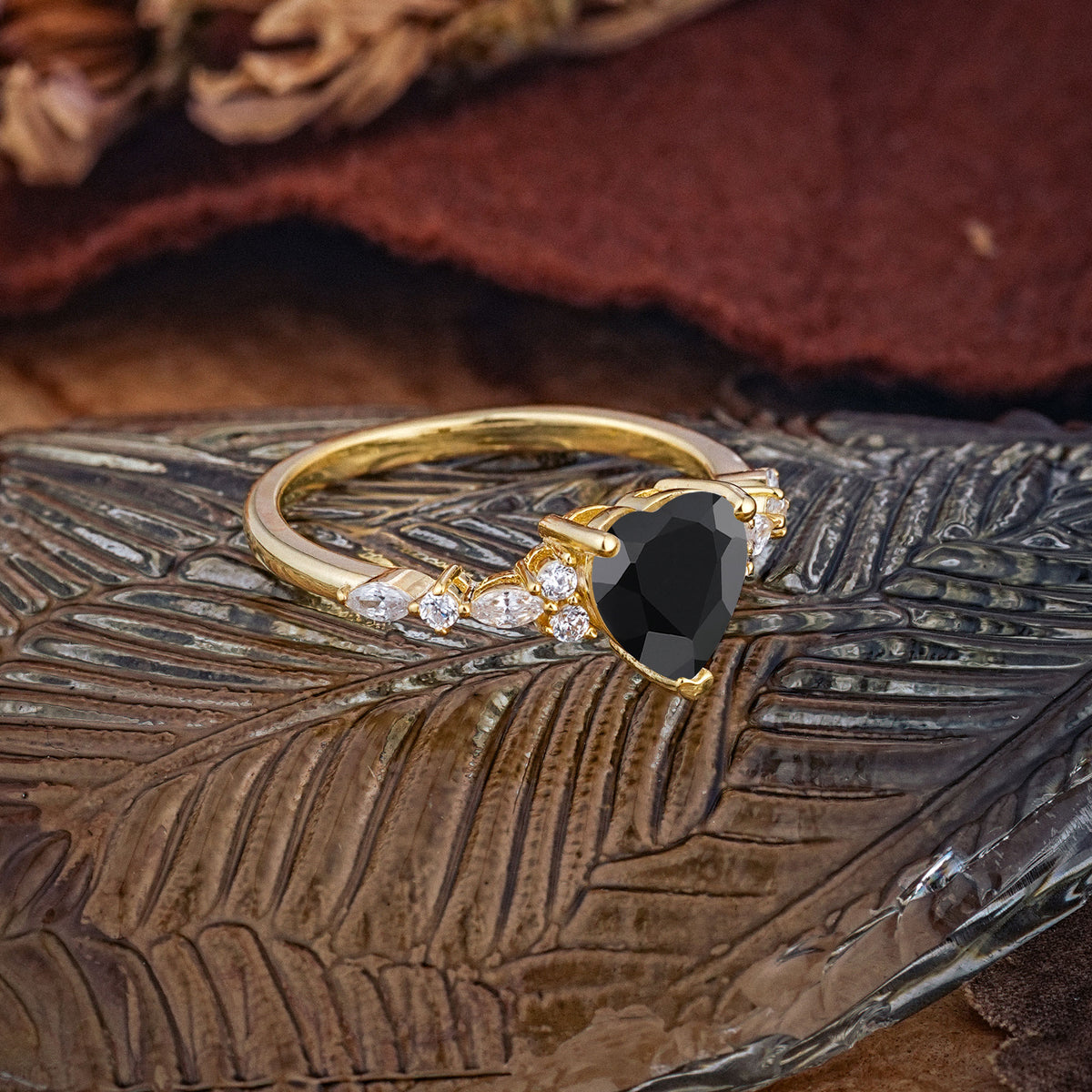 Heart Cut Black Onyx Vintage Pave Shank Engagement Ring - Additional view