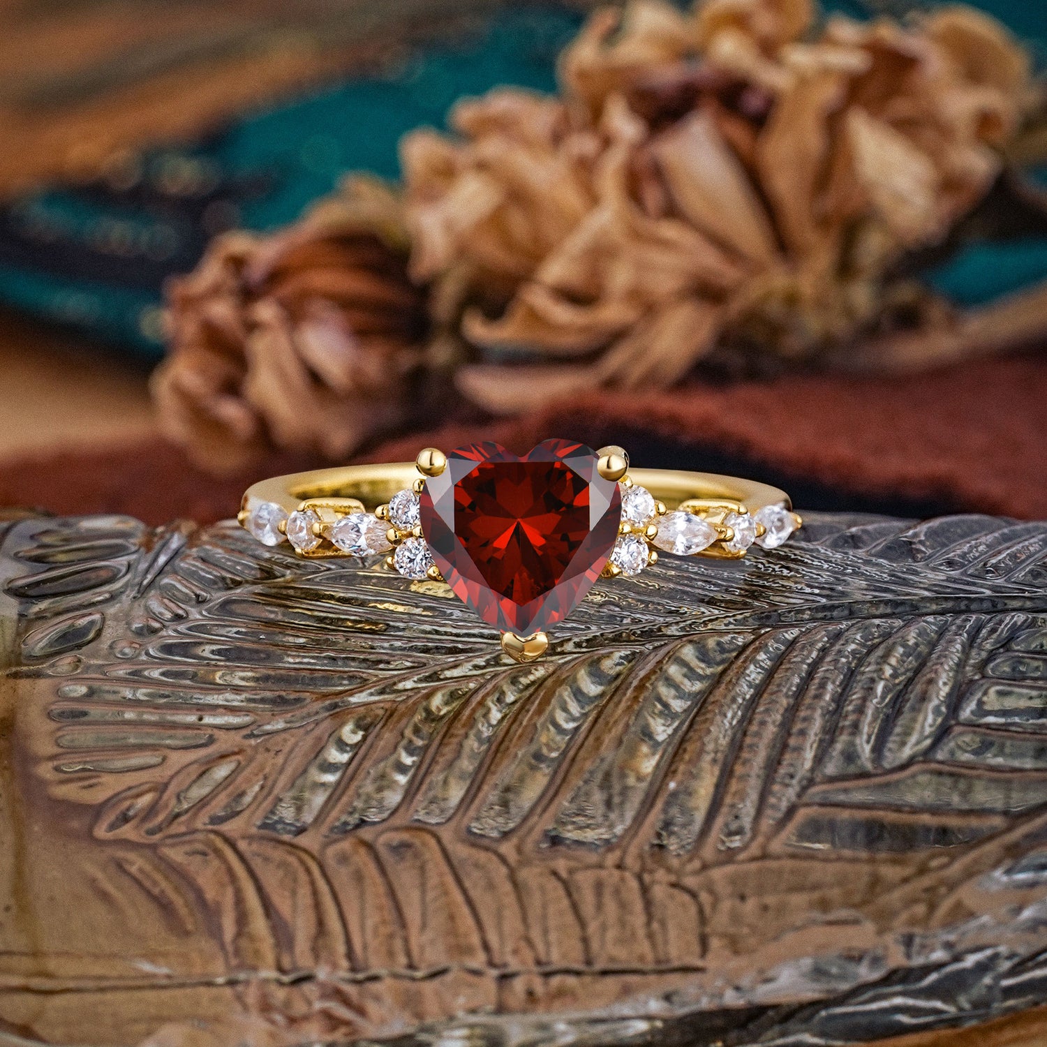 Heart Cut Garnet Vintage Pave Shank Engagement Ring - Additional view