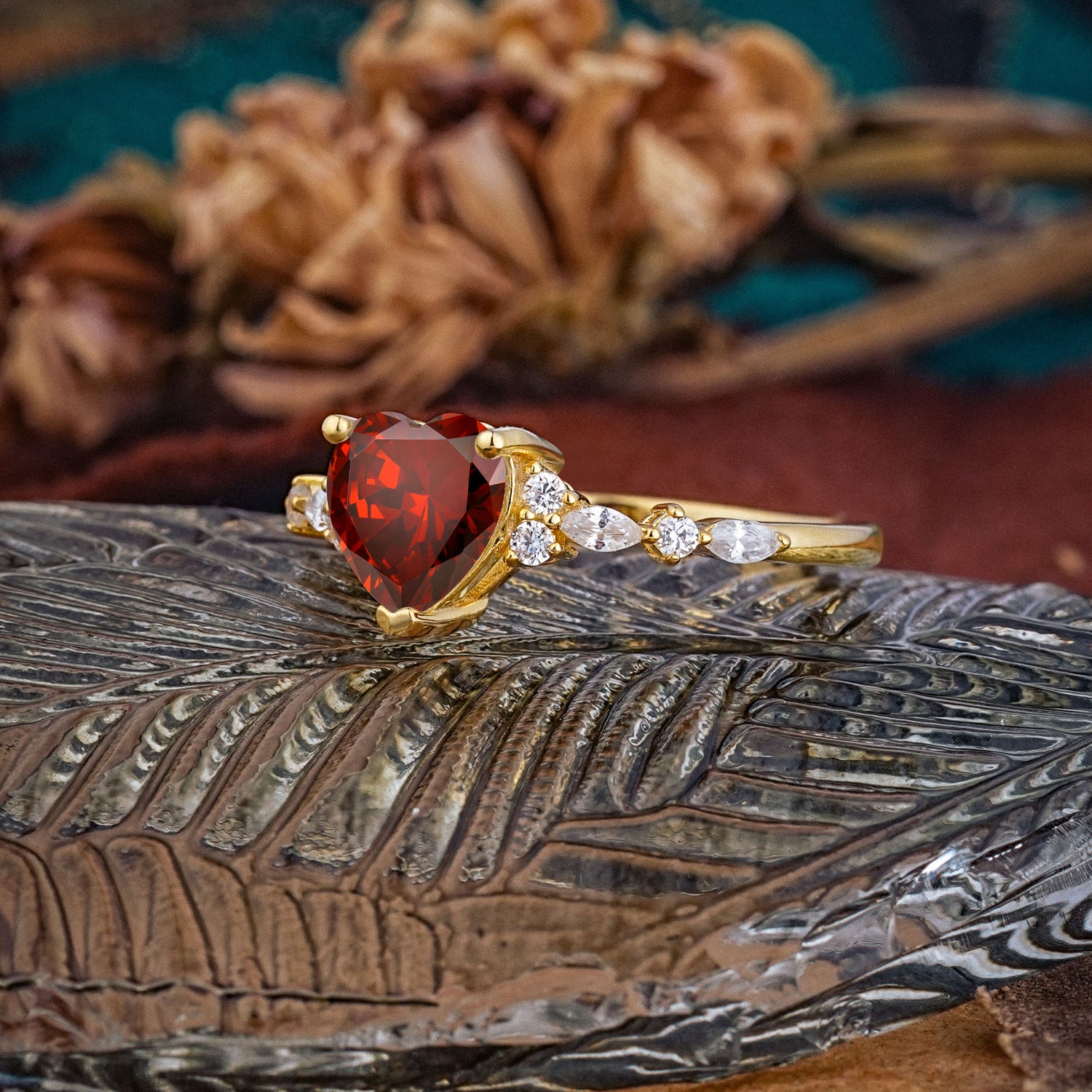 Heart Cut Garnet Vintage Pave Shank Engagement Ring - Additional view