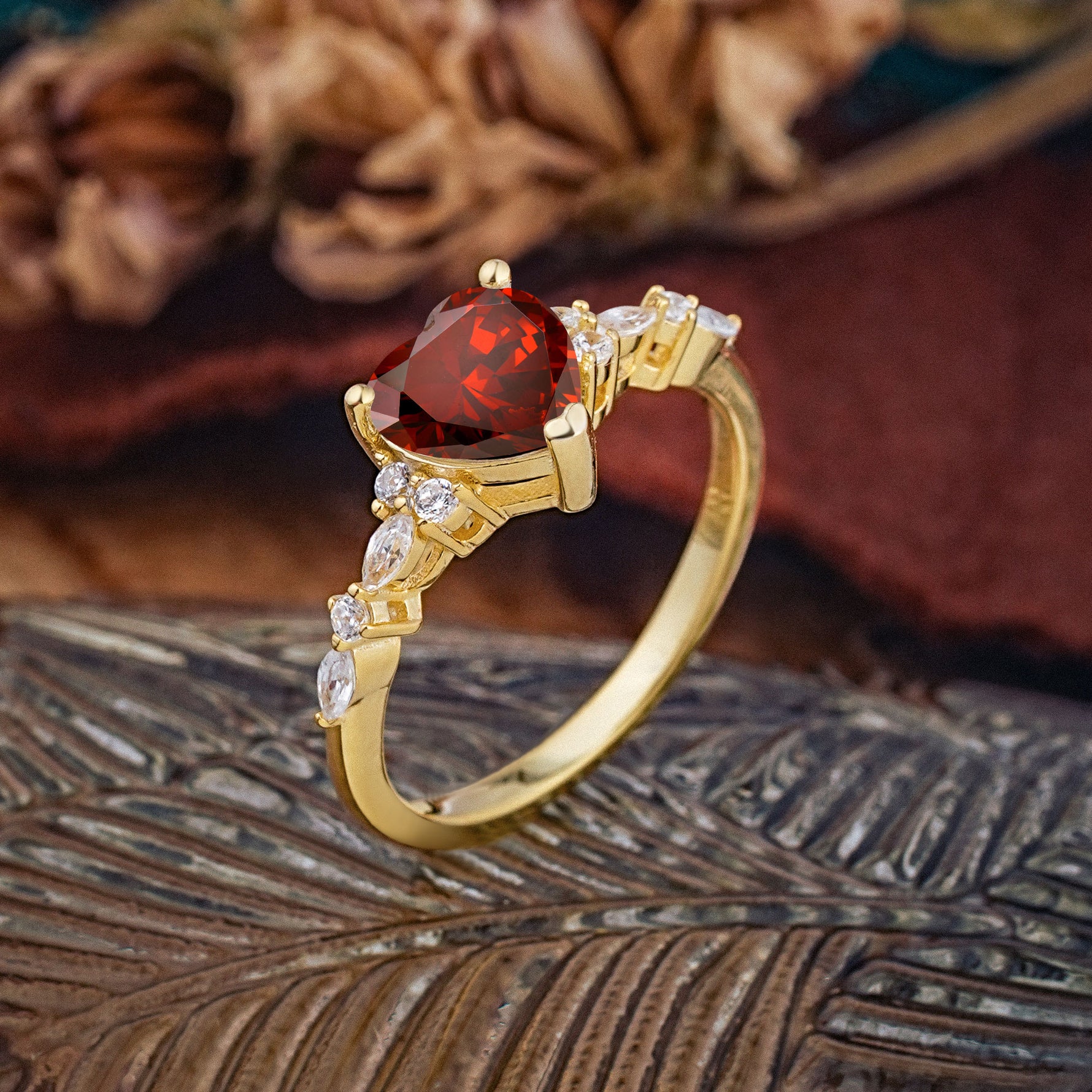 Heart Cut Garnet Vintage Pave Shank Engagement Ring - Additional view