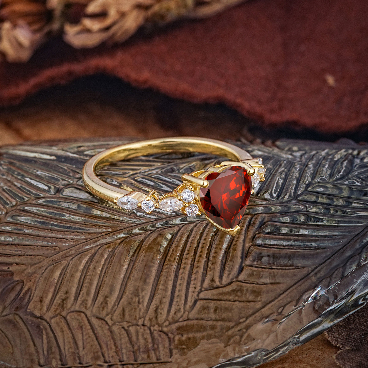 Heart Cut Garnet Vintage Pave Shank Engagement Ring - Additional view