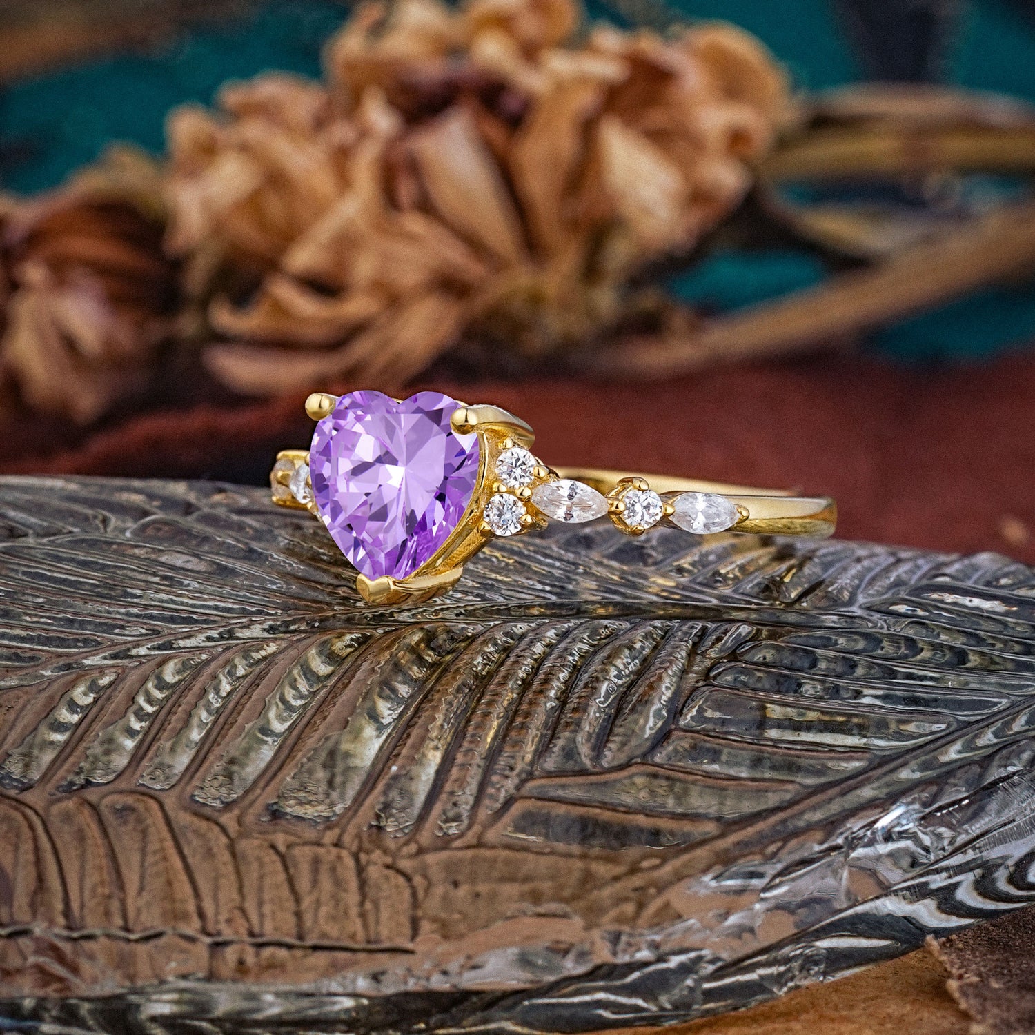 Heart Cut Amethyst Vintage Pave Shank Engagement Ring - Additional view