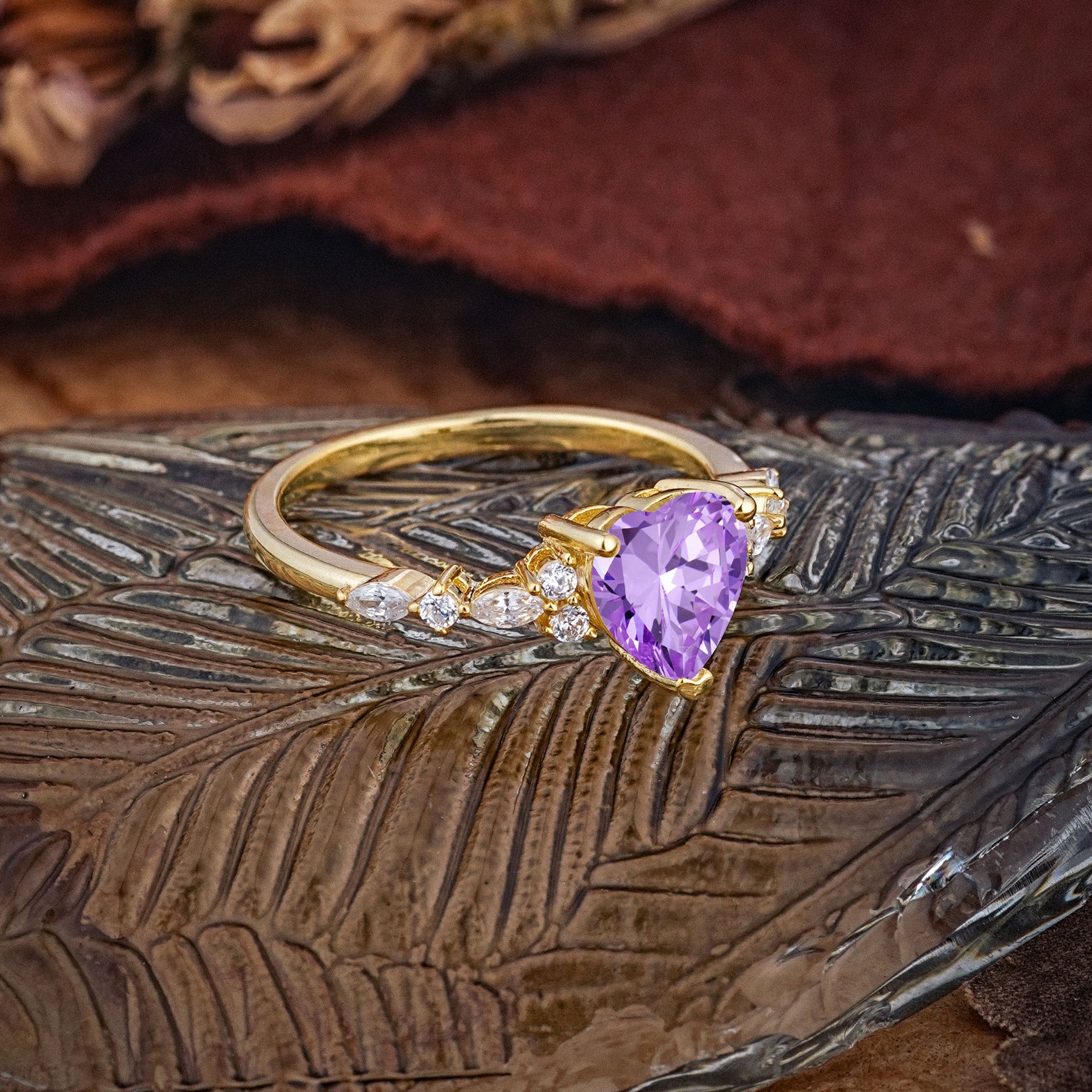 Heart Cut Amethyst Vintage Pave Shank Engagement Ring - Additional view