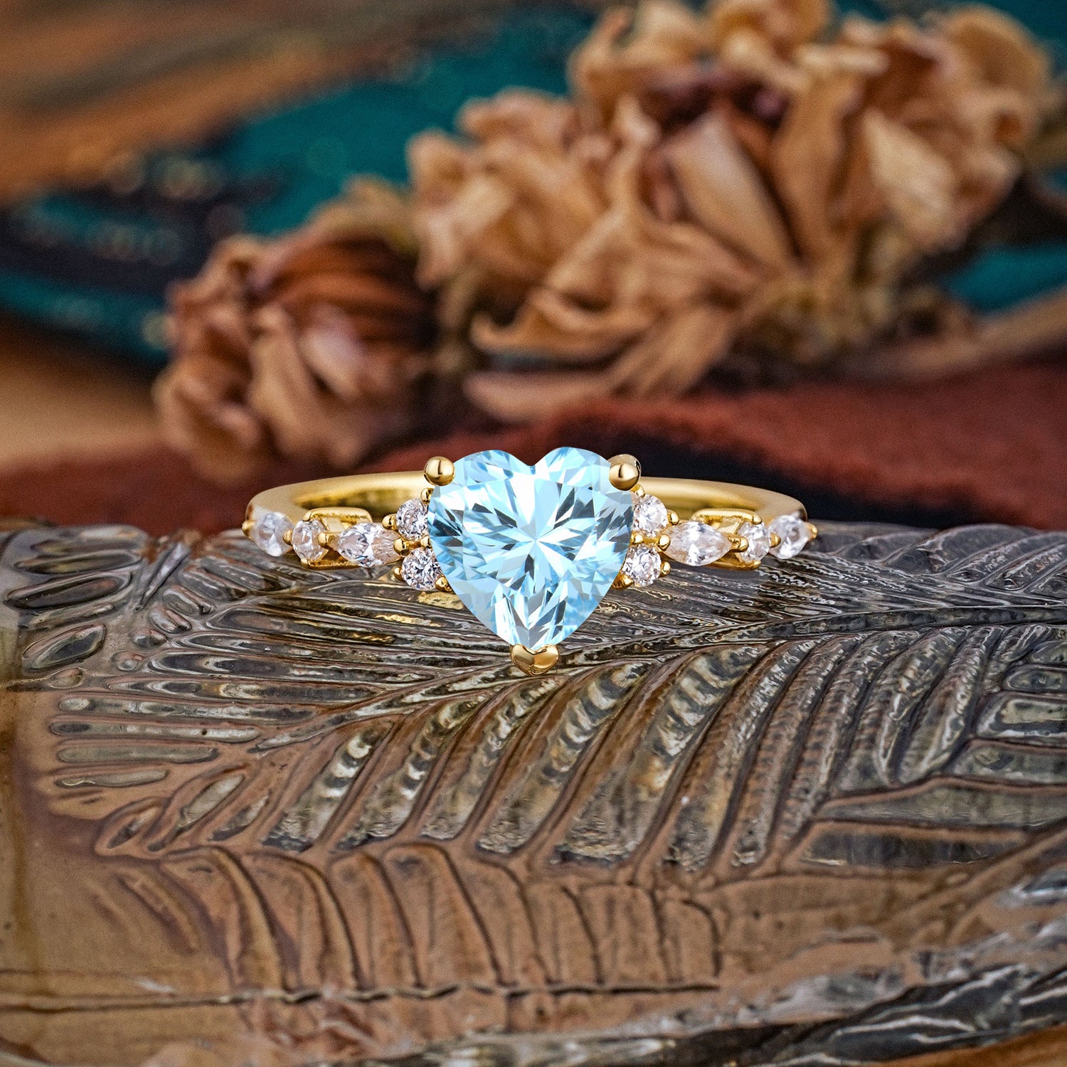Heart Cut Aquamarine Vintage Pave Shank Engagement Ring - Additional view