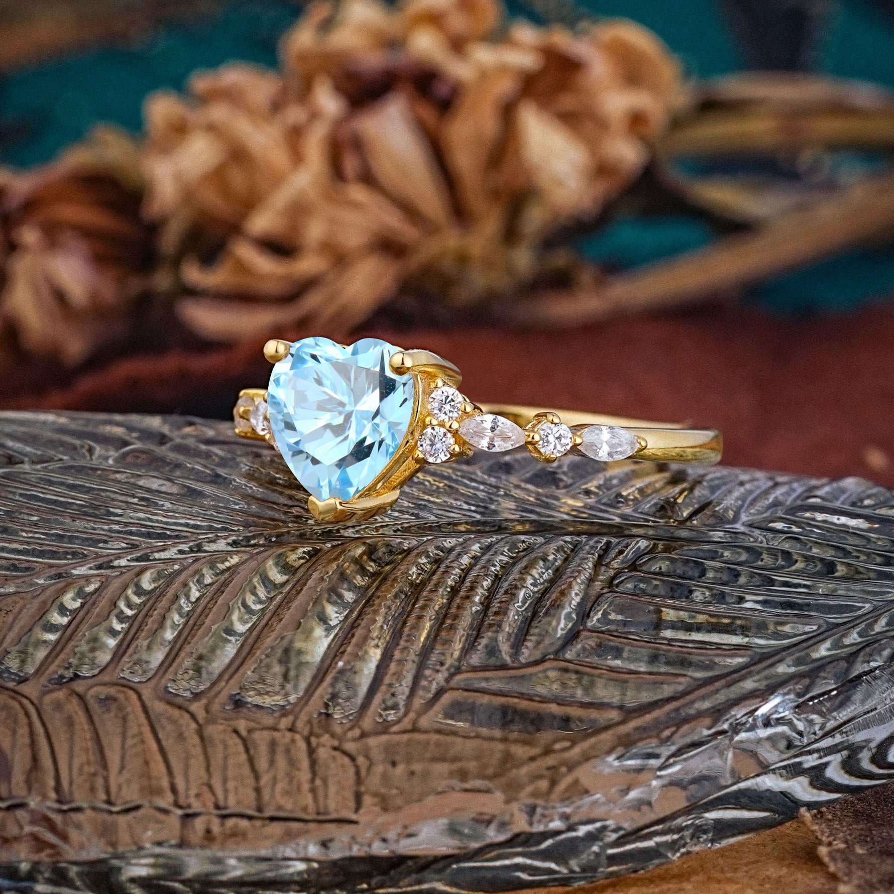 Heart Cut Aquamarine Vintage Pave Shank Engagement Ring - Additional view