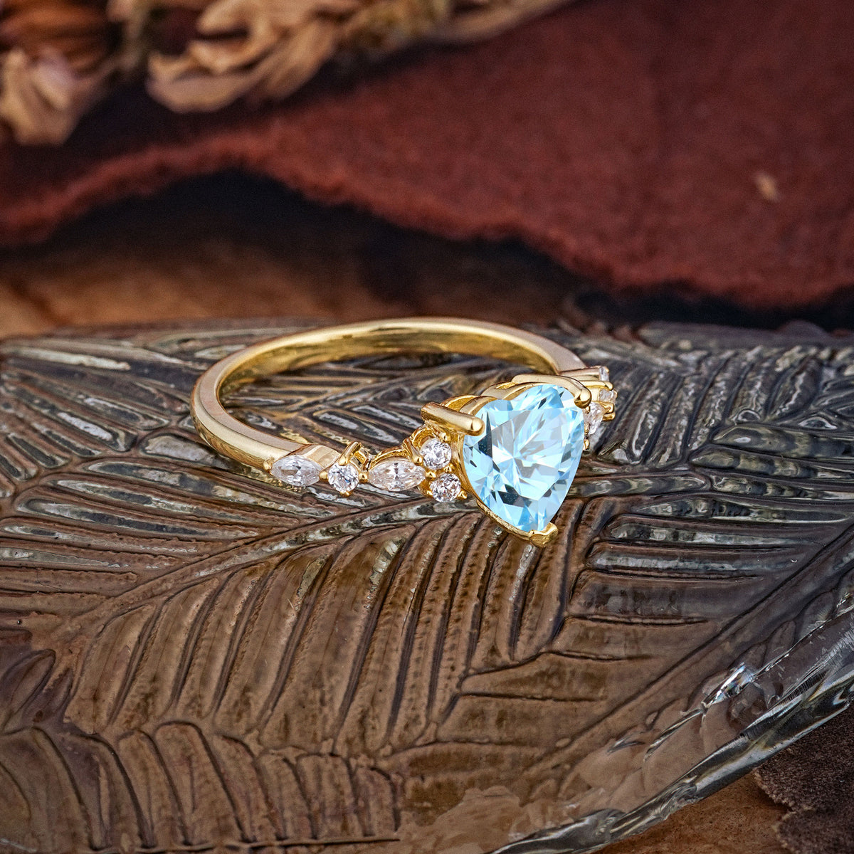Heart Cut Aquamarine Vintage Pave Shank Engagement Ring - Additional view