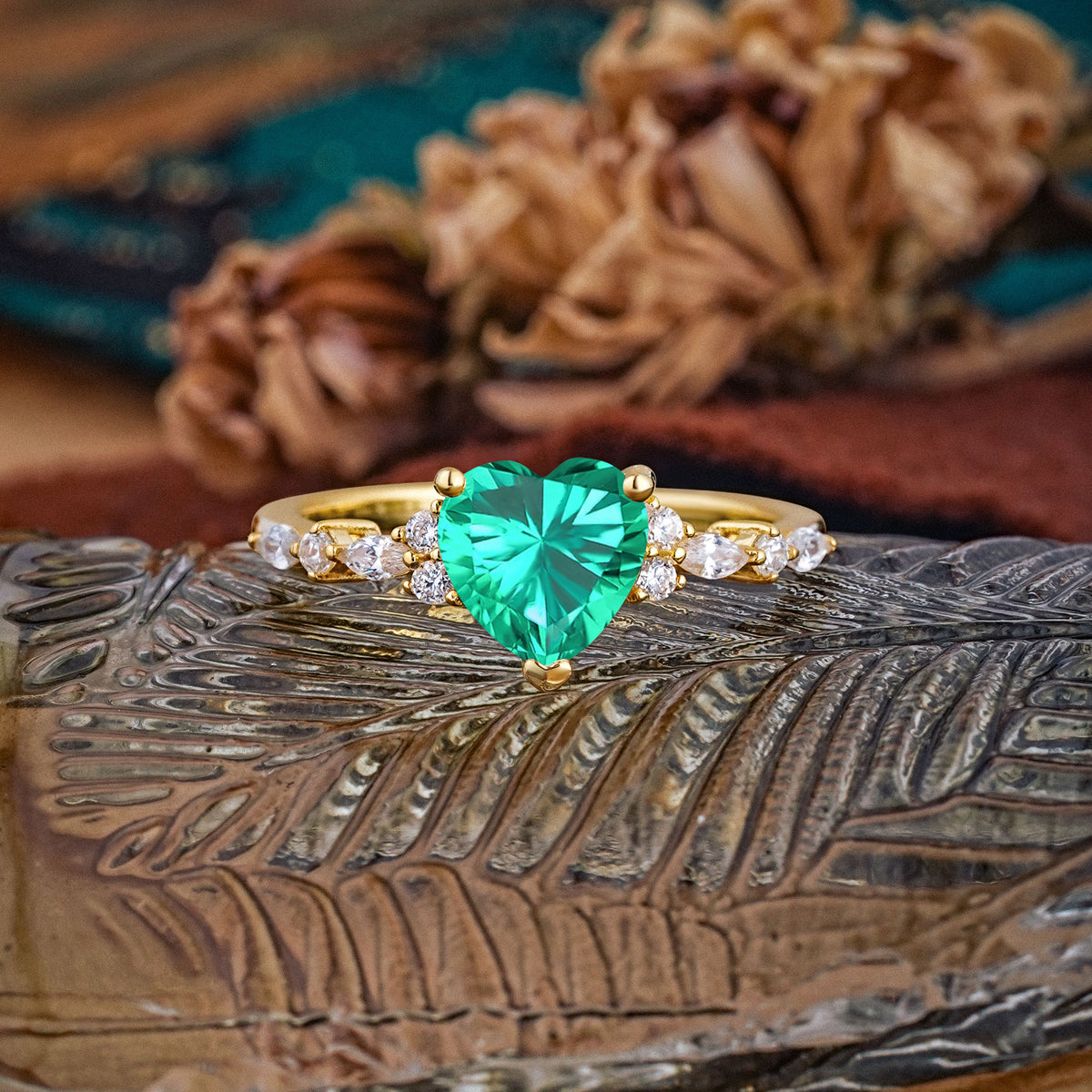 Heart Cut Emerald Vintage Pave Shank Engagement Ring - Additional view