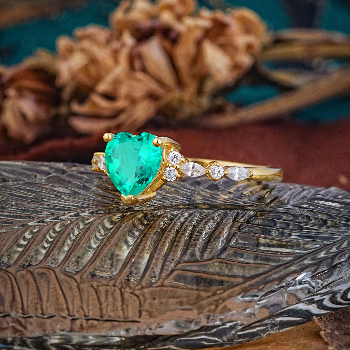 Heart Cut Emerald Vintage Pave Shank Engagement Ring - Additional view