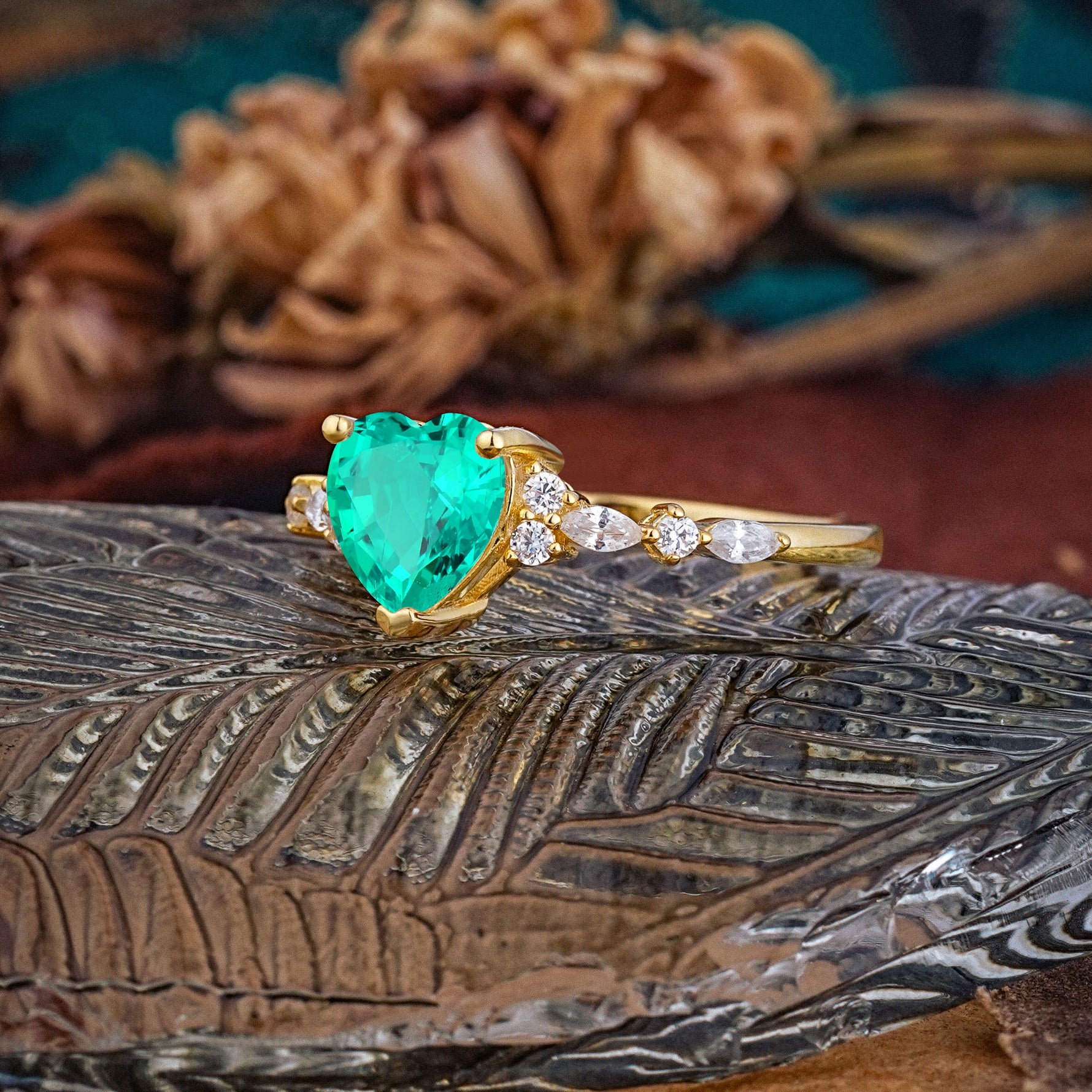 Heart Cut Emerald Vintage Pave Shank Engagement Ring - Additional view