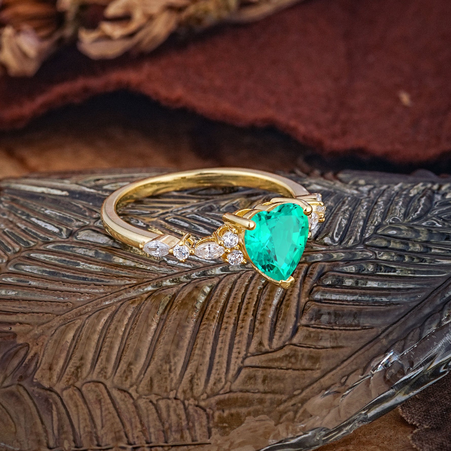 Heart Cut Emerald Vintage Pave Shank Engagement Ring - Additional view