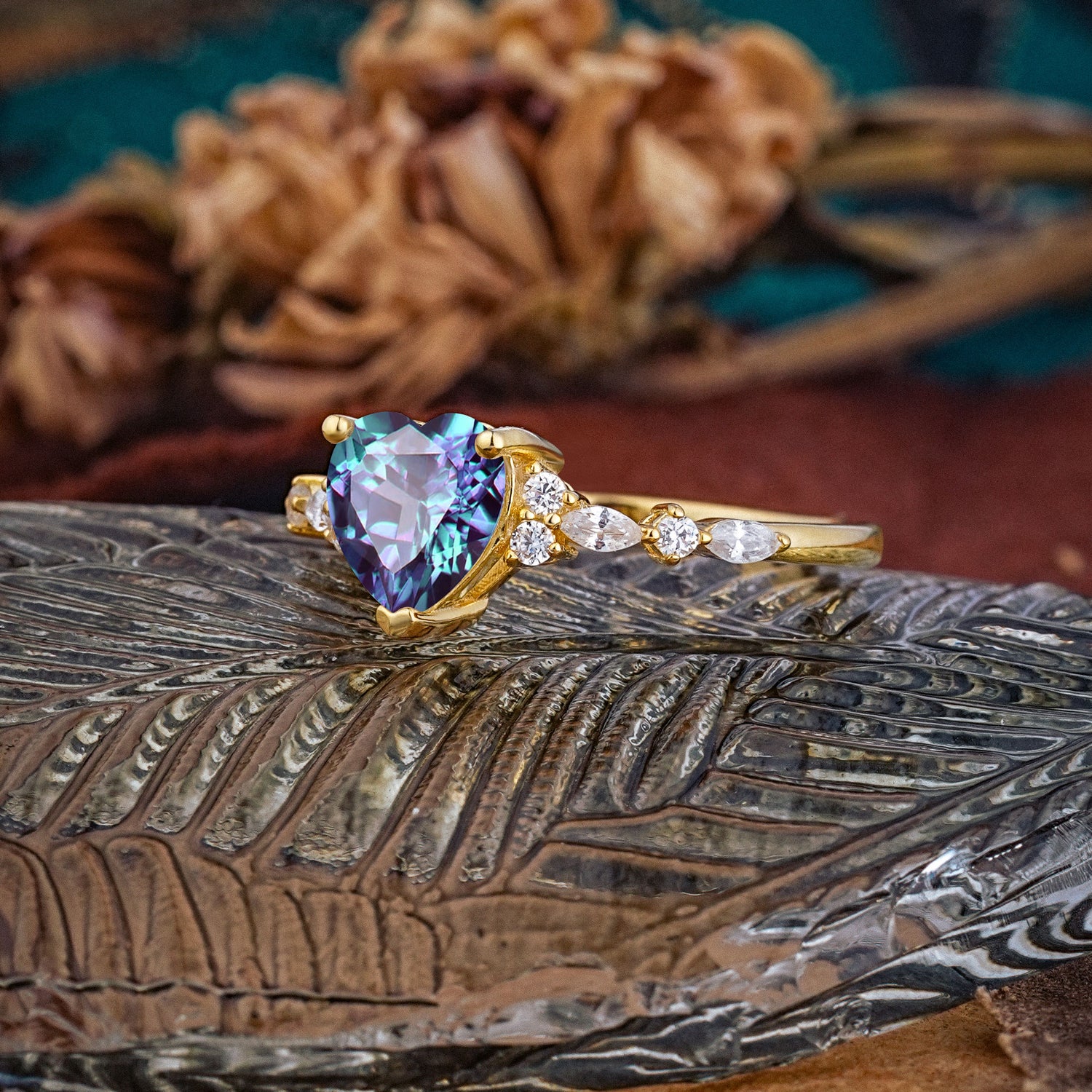 Heart Cut Alexandrite Vintage Pave Shank Engagement Ring - Additional view