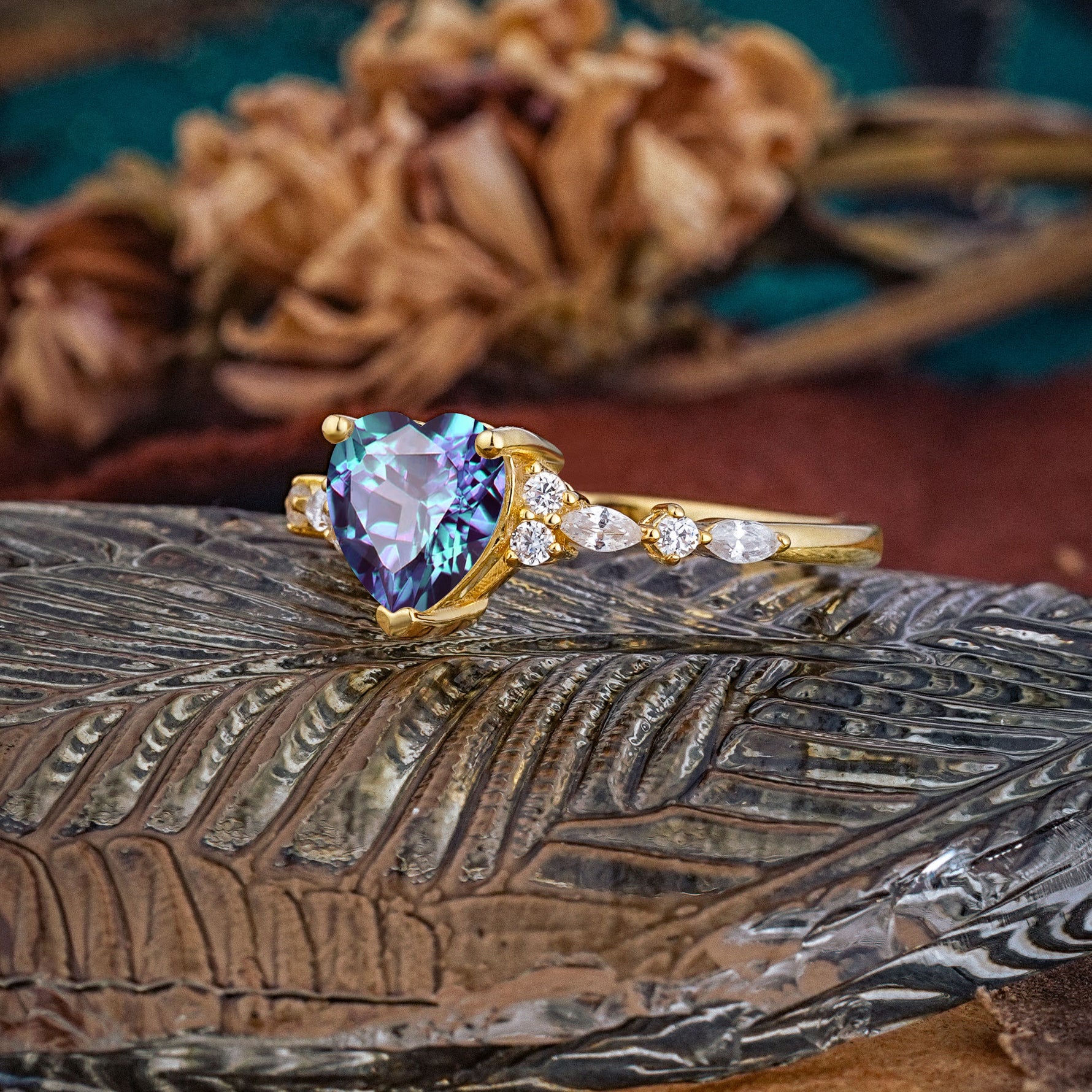 Heart Cut Alexandrite Vintage Pave Shank Engagement Ring - Additional view