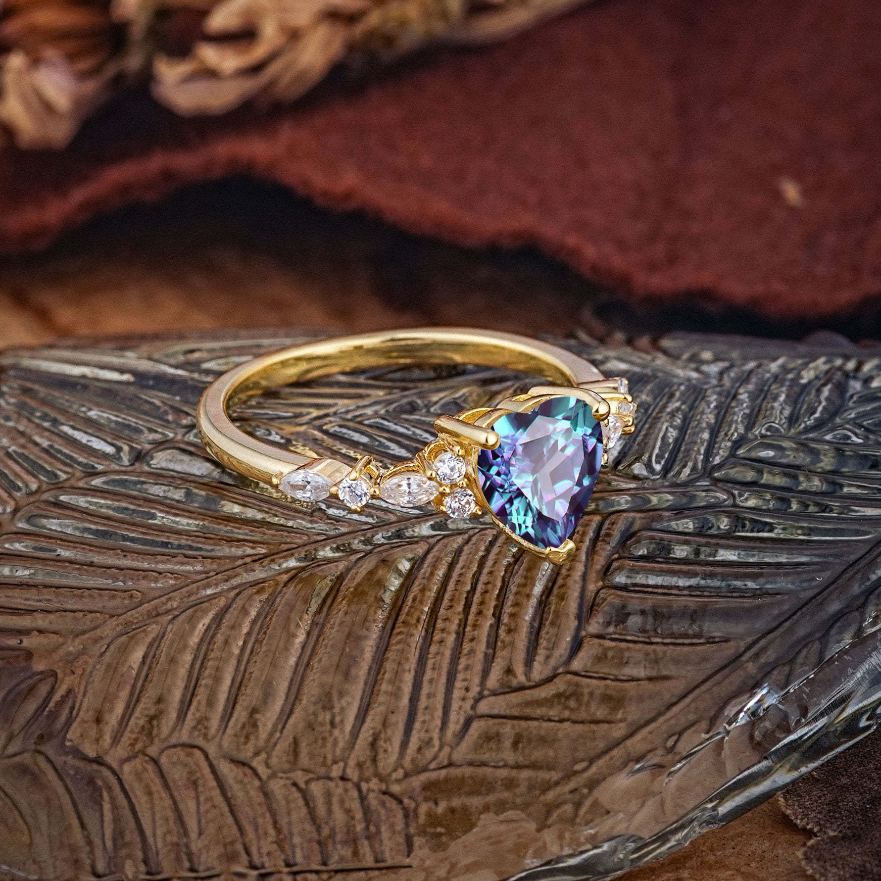 Heart Cut Alexandrite Vintage Pave Shank Engagement Ring - Additional view