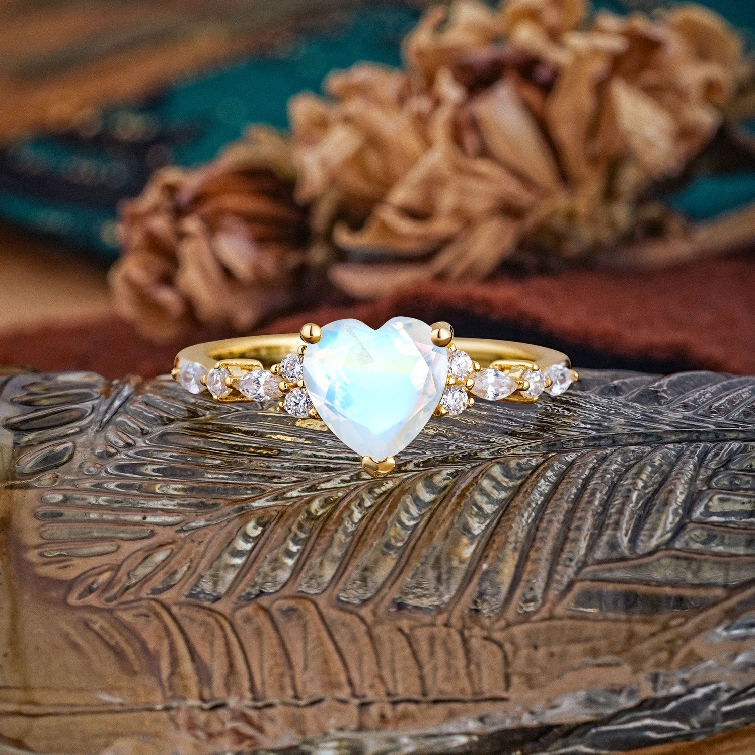 Heart Cut Moonstone Vintage Pave Shank Engagement Ring - Additional view