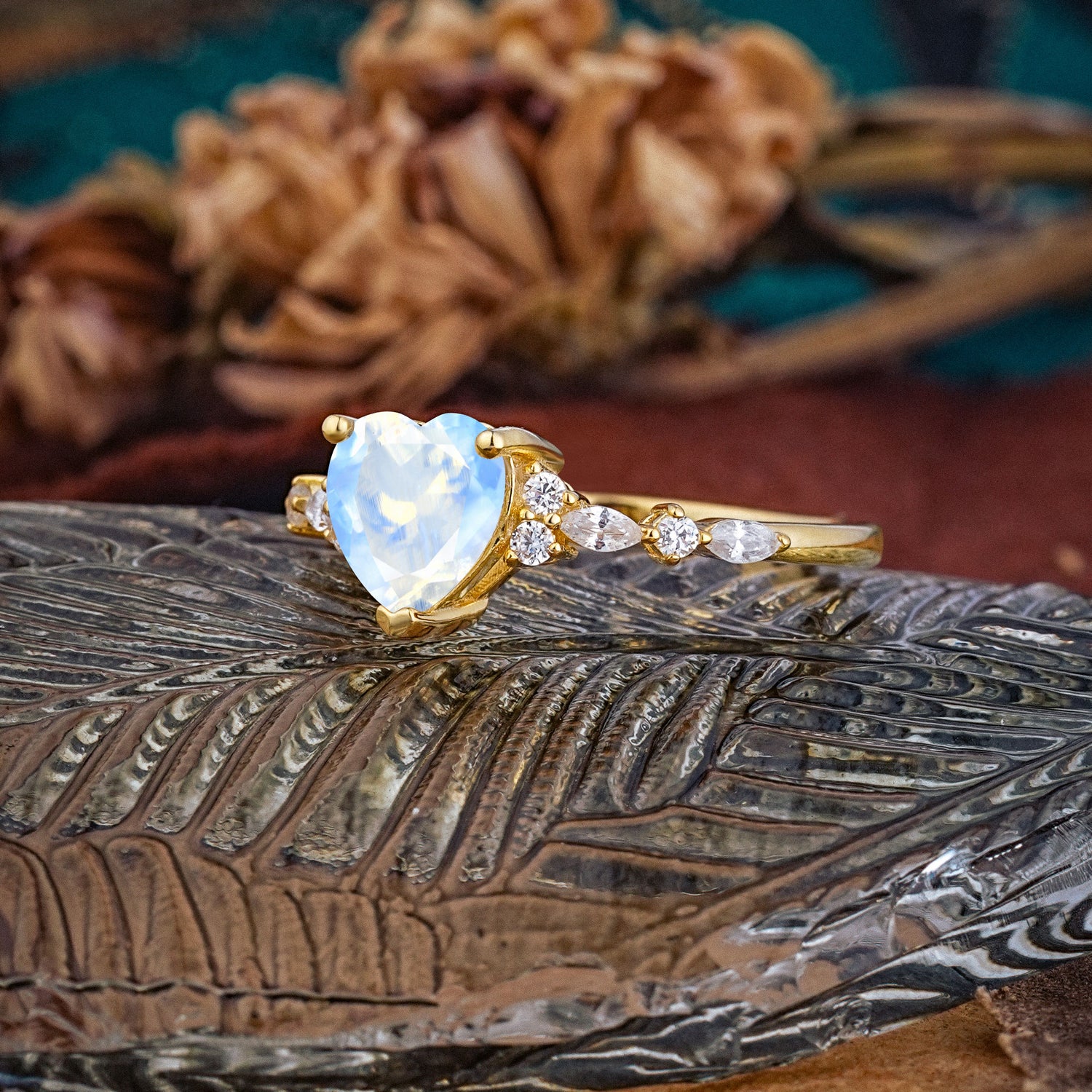Heart Cut Moonstone Vintage Pave Shank Engagement Ring - Additional view