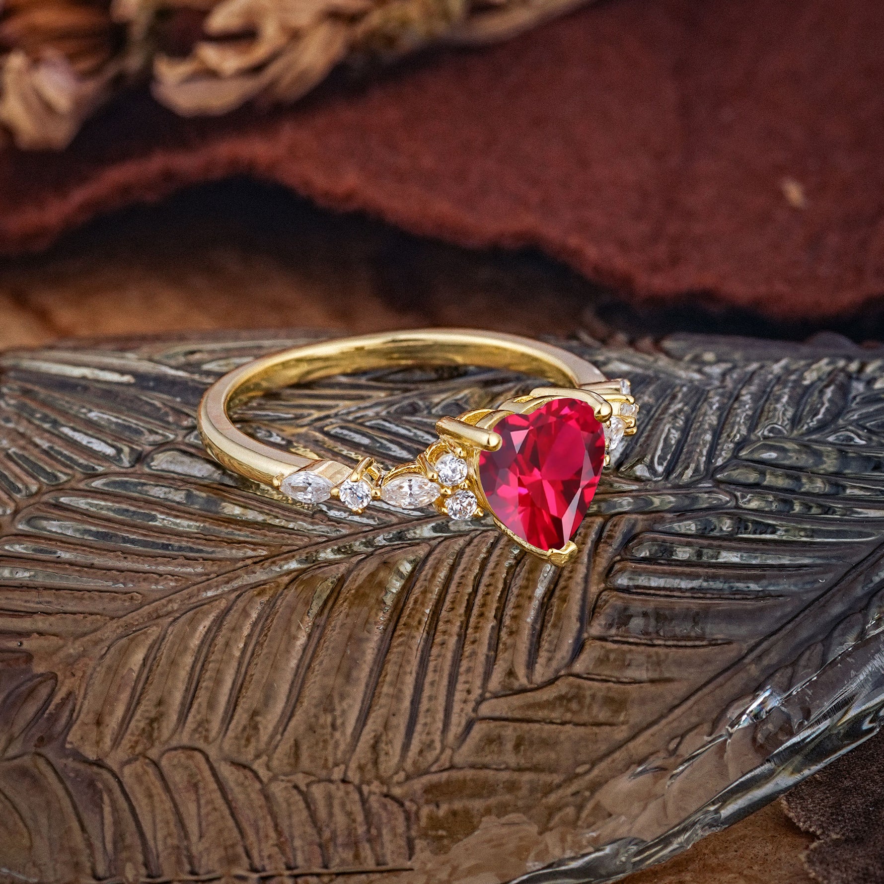 Heart Cut Ruby Vintage Pave Shank Engagement Ring - Additional view
