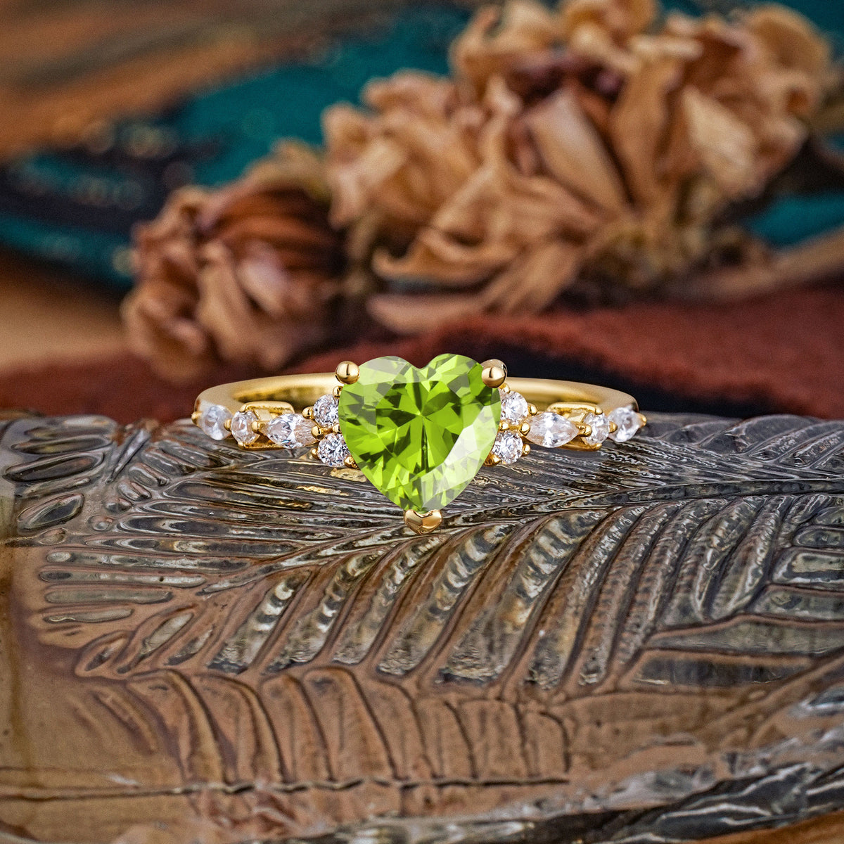 Heart Cut Peridot Vintage Pave Shank Engagement Ring - Additional view